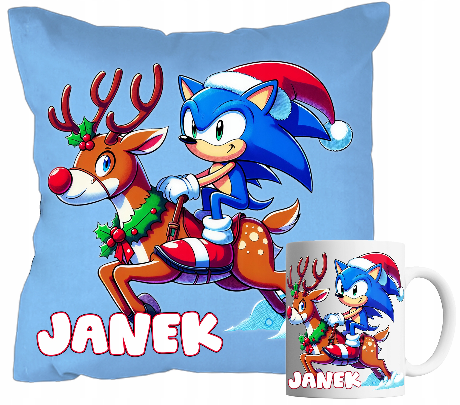 Set Hrnek A Polštář Modrý Sonic Vánoční Svátky Dítěte Jméno