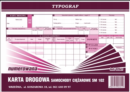 

Karta drogowa na samochody ciężarowe Sm 102 numer.