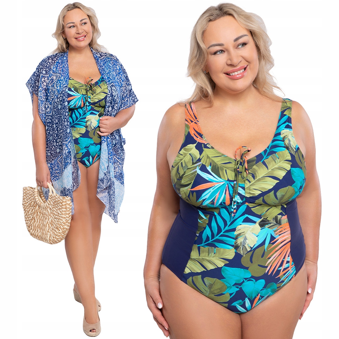 Jednodílné tmavě modré plavky s barevnými listy 50