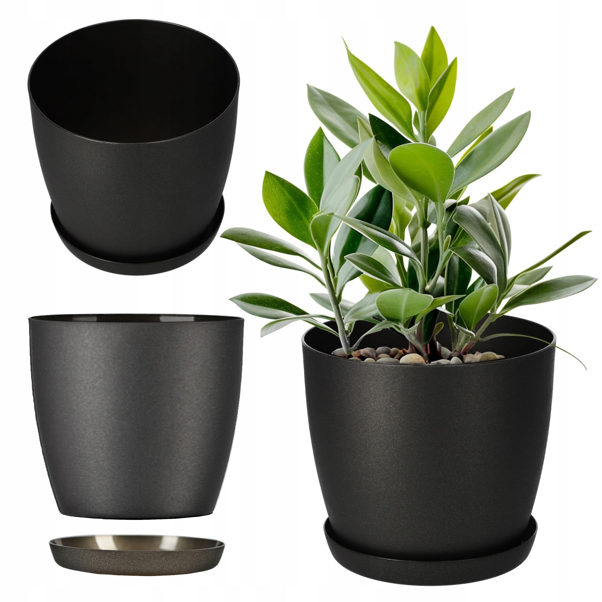 DONICZKA OSŁONKA DONICA 18cm NA KWIATY MATOWA GRAFIT PLASTIKOWA PODSTAWKA Wysokość produktu 16 cm