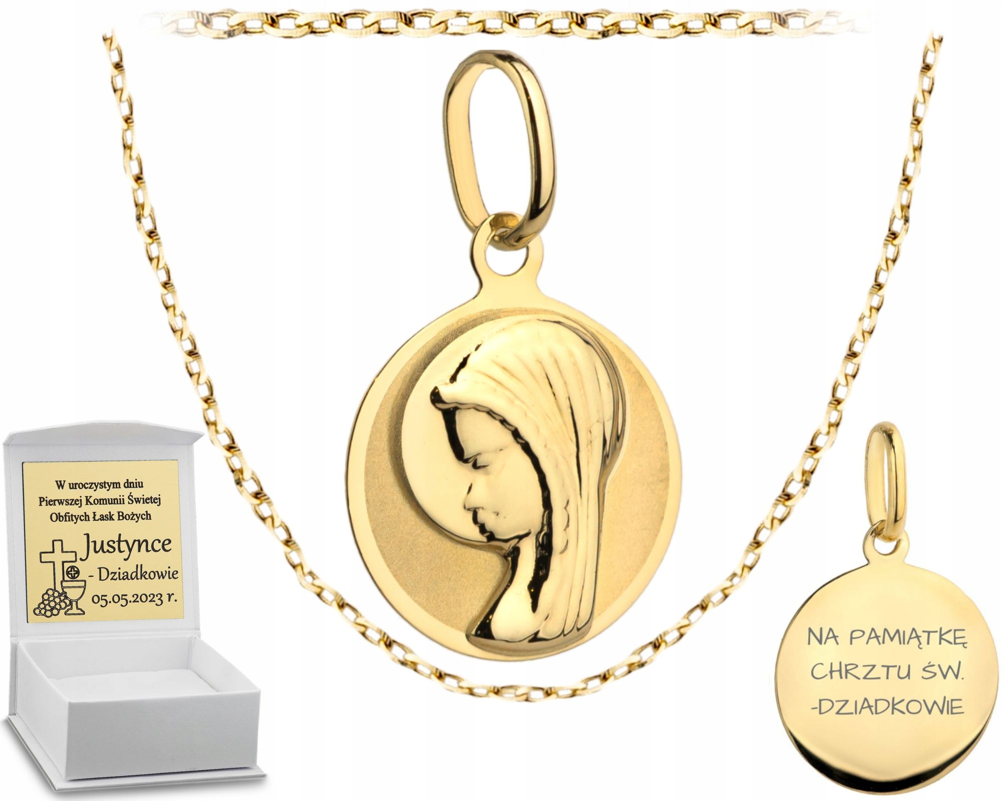 Zlatý Řetízek S Medailonkem Matka Boží Svaté Přijímání Gravírování Na Zadní Straně Bonus