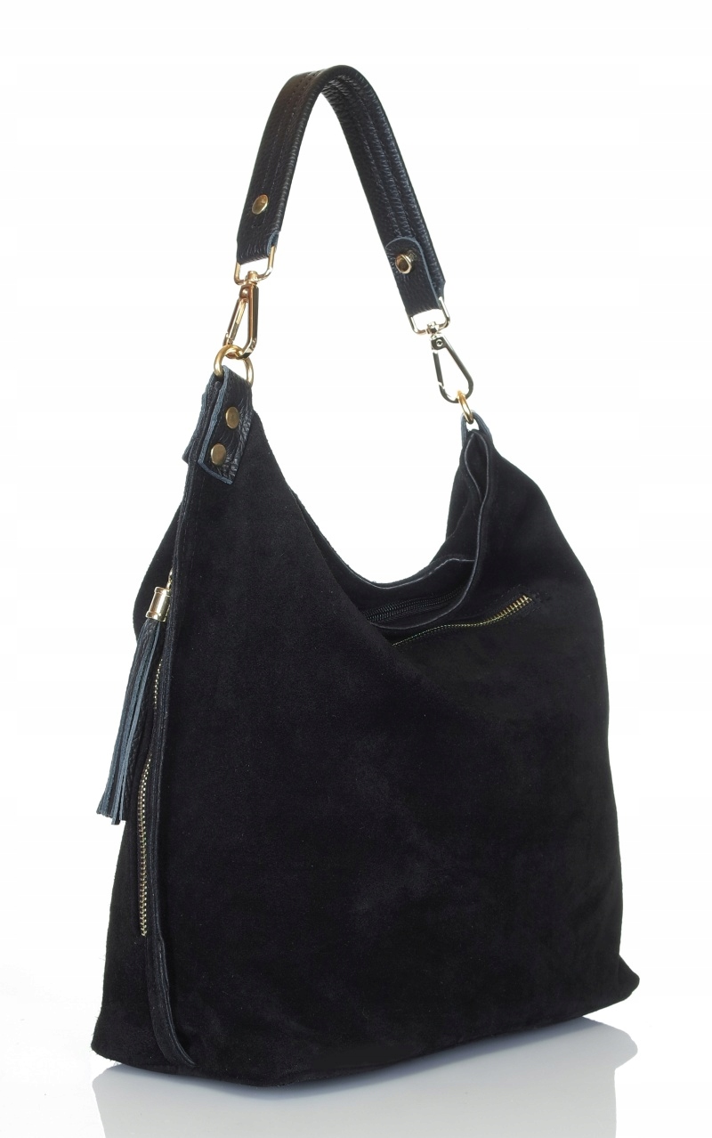 VERA PELLE Włoska Zamszowa czarna TOREBKA worek Skóra naturalna ZJ15 Kolor czarny