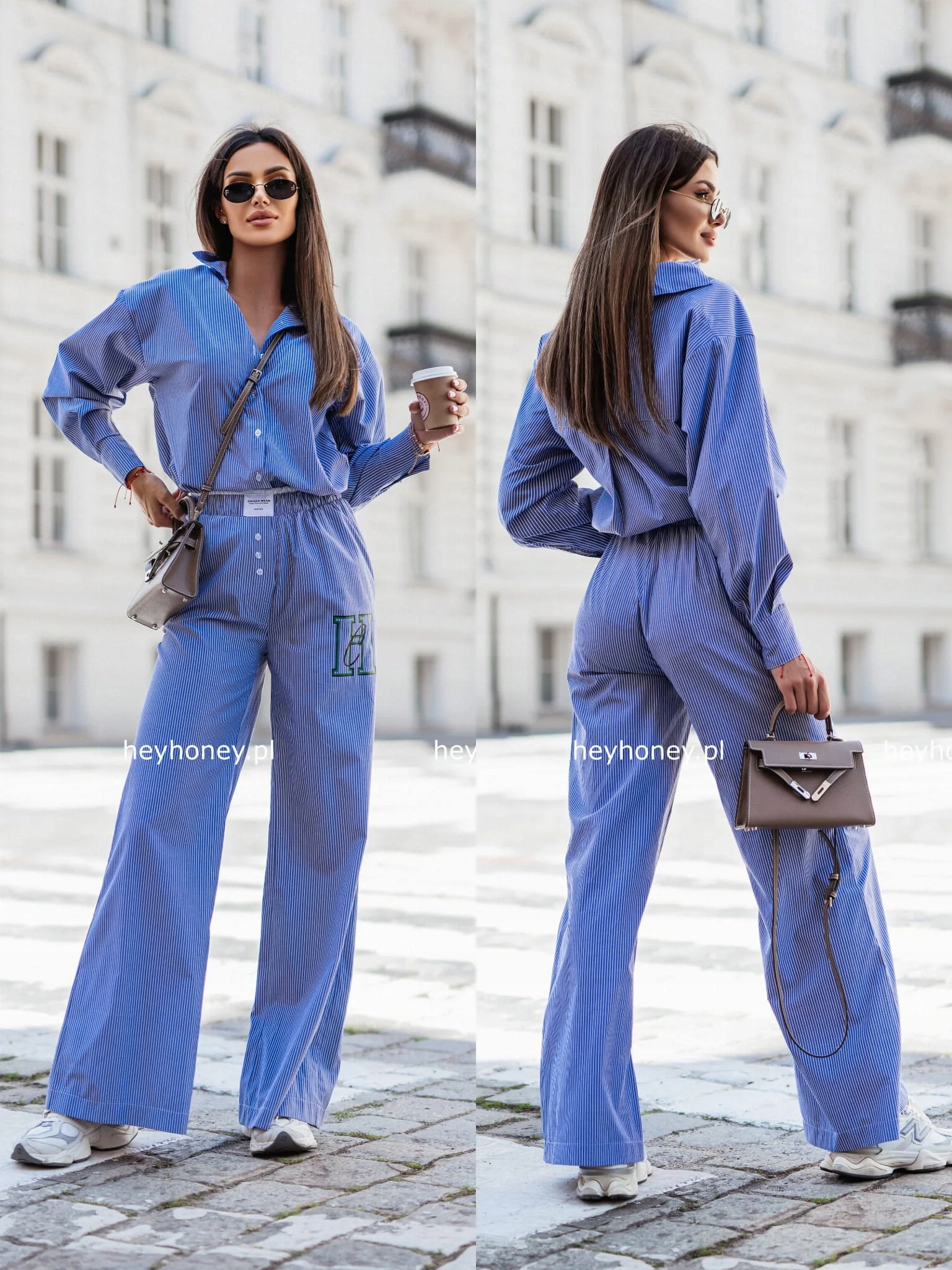 Bavlněný komplet s proužky Košile a kalhoty Modrá Carly M/L