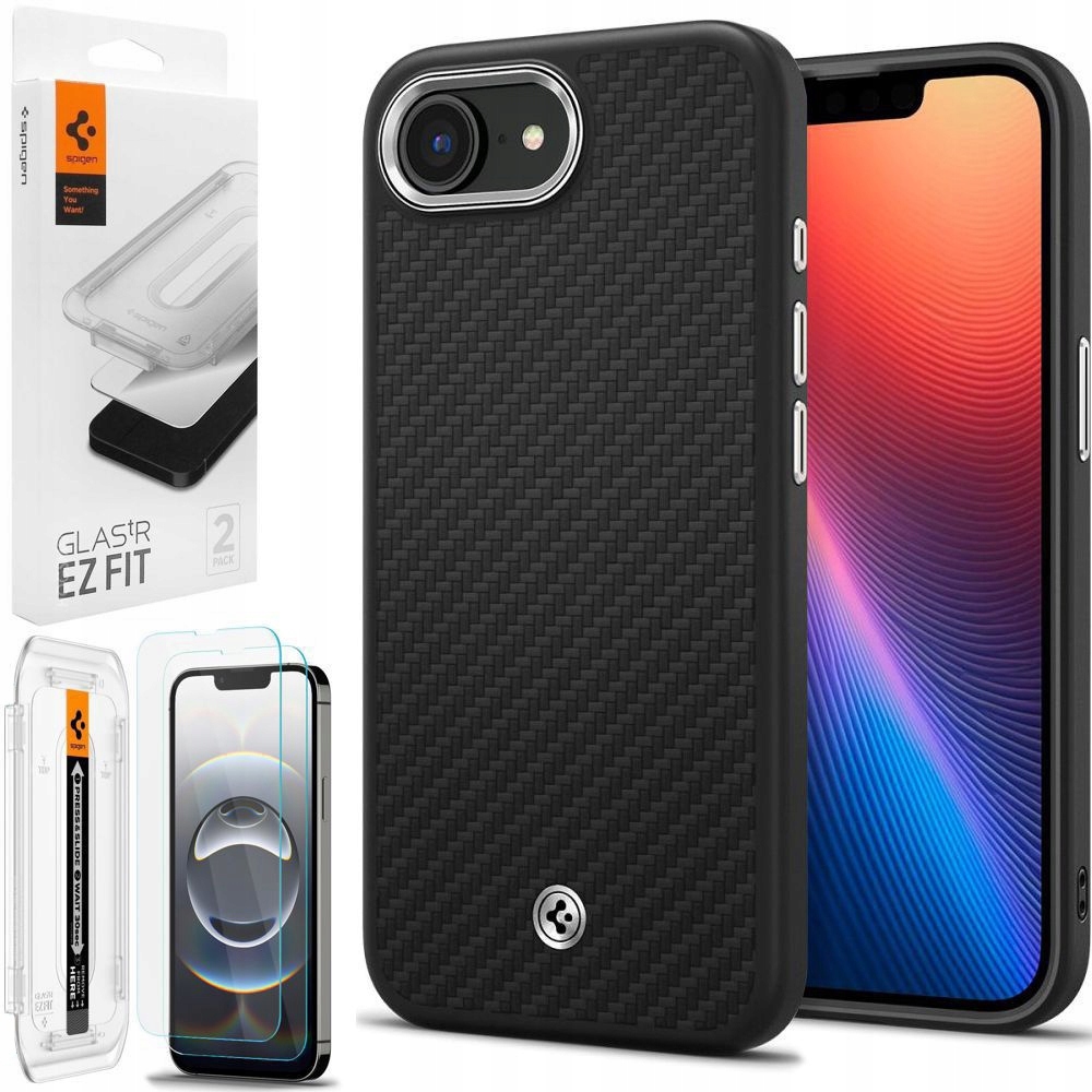 Sada Spigen: Puzdro Enzo Aramid MagSafe Black 2x Sklo pre Apple iPhone 16e