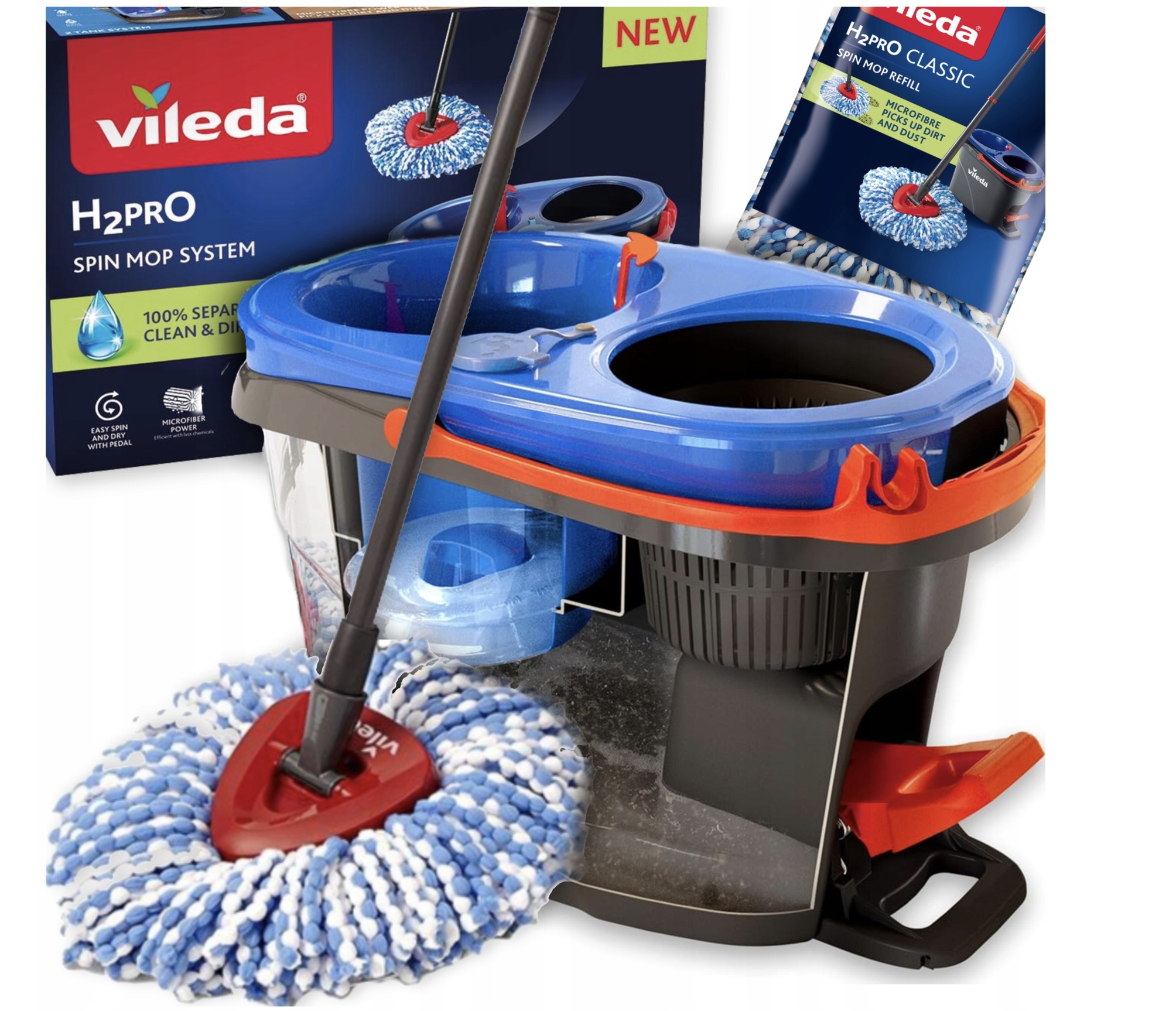 Mop Obrotowy Vileda H2O Zbiorniki Czysta Brudna Woda Mop Wiadro Duży Zestaw