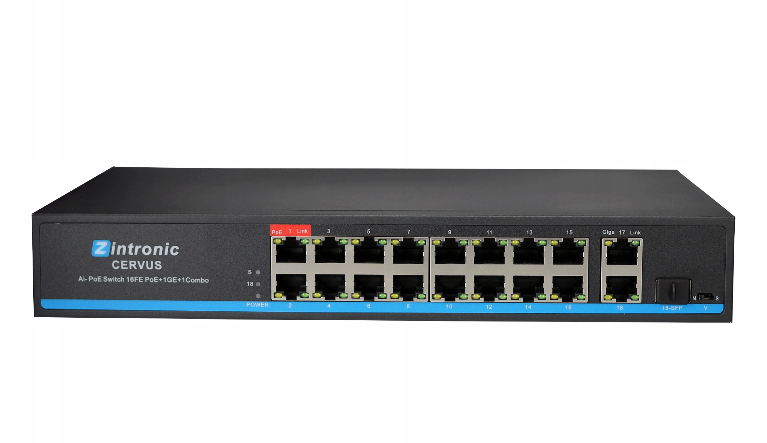 Switch Poe 16x Poe 2xUplink Gigabit 300W Cervus montáž Rack