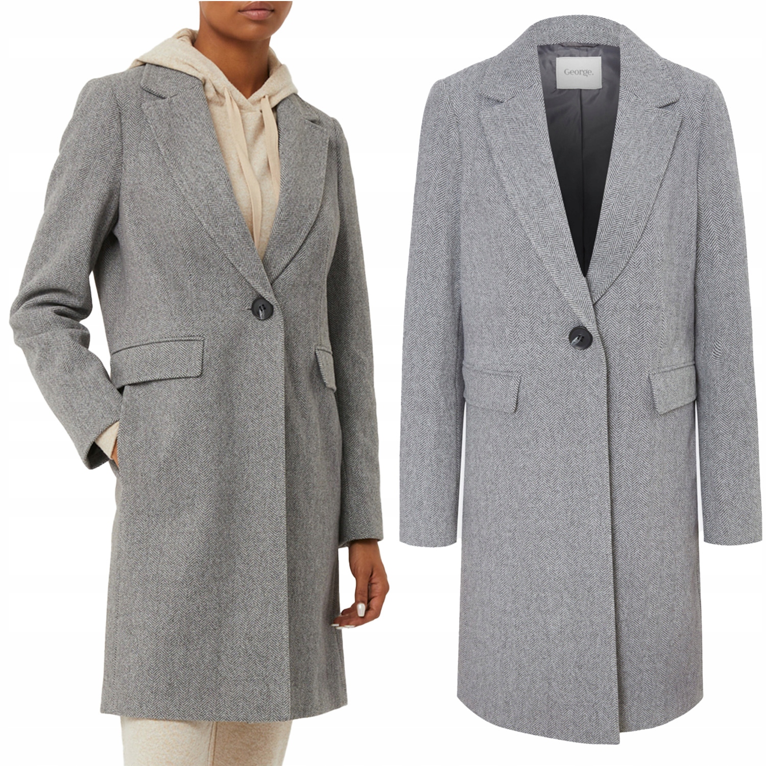 George Płaszcz Klasyczny Modny Szary Kobiecy w Jodełkę Kurtka Guzik XXL 44