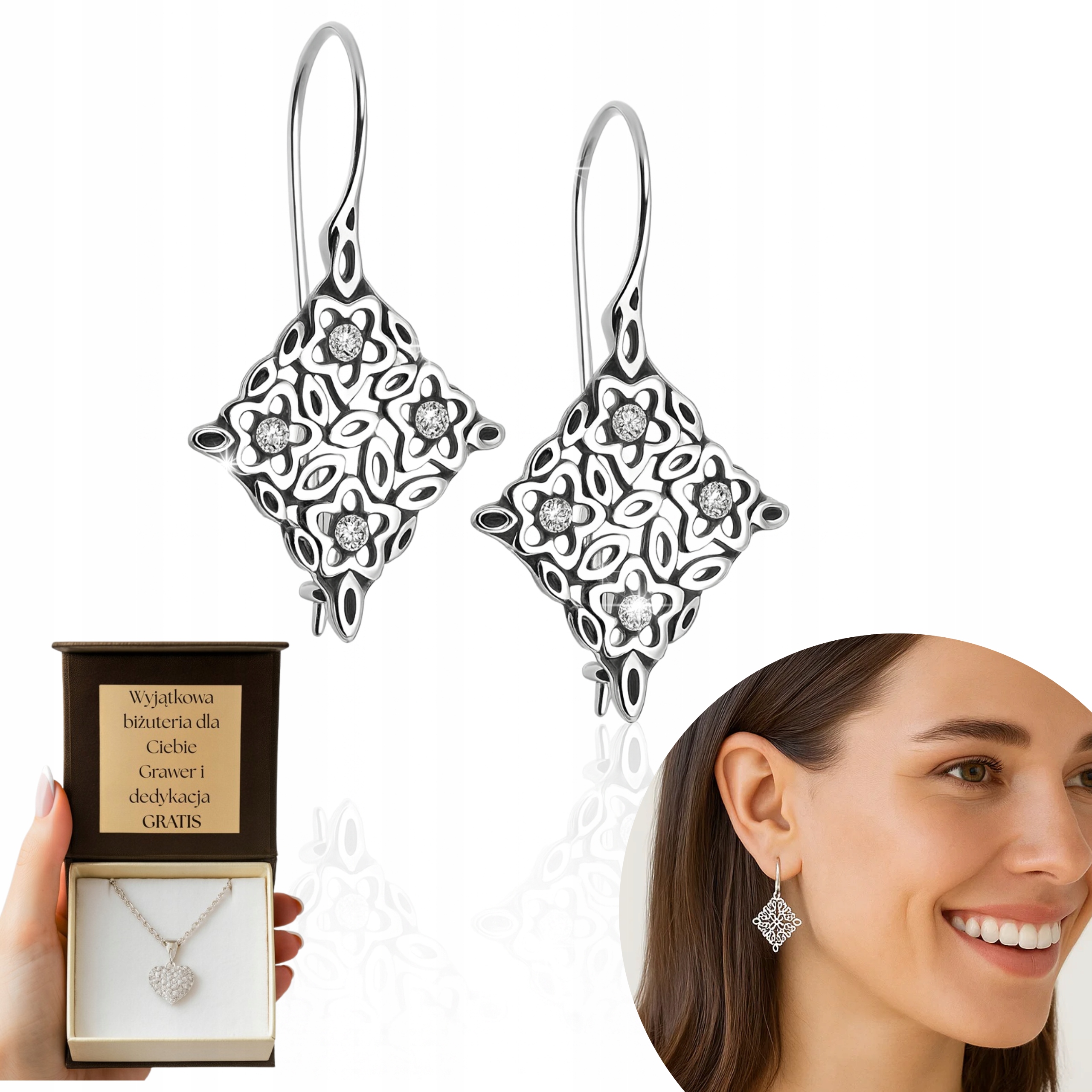 Stříbrné Náušnice Prolamované Květiny Stříbro Zirkony Zirkony 925 Gravírování S Kostelci