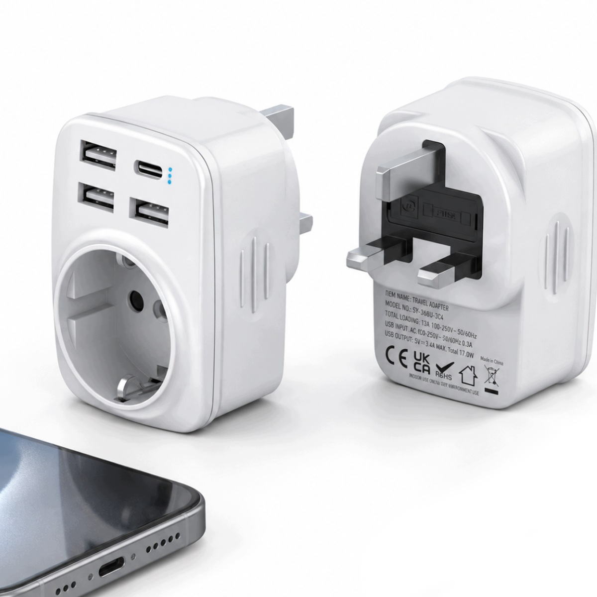 Adapter podróżny 1 Usb-c, 3 Usb-a biały
