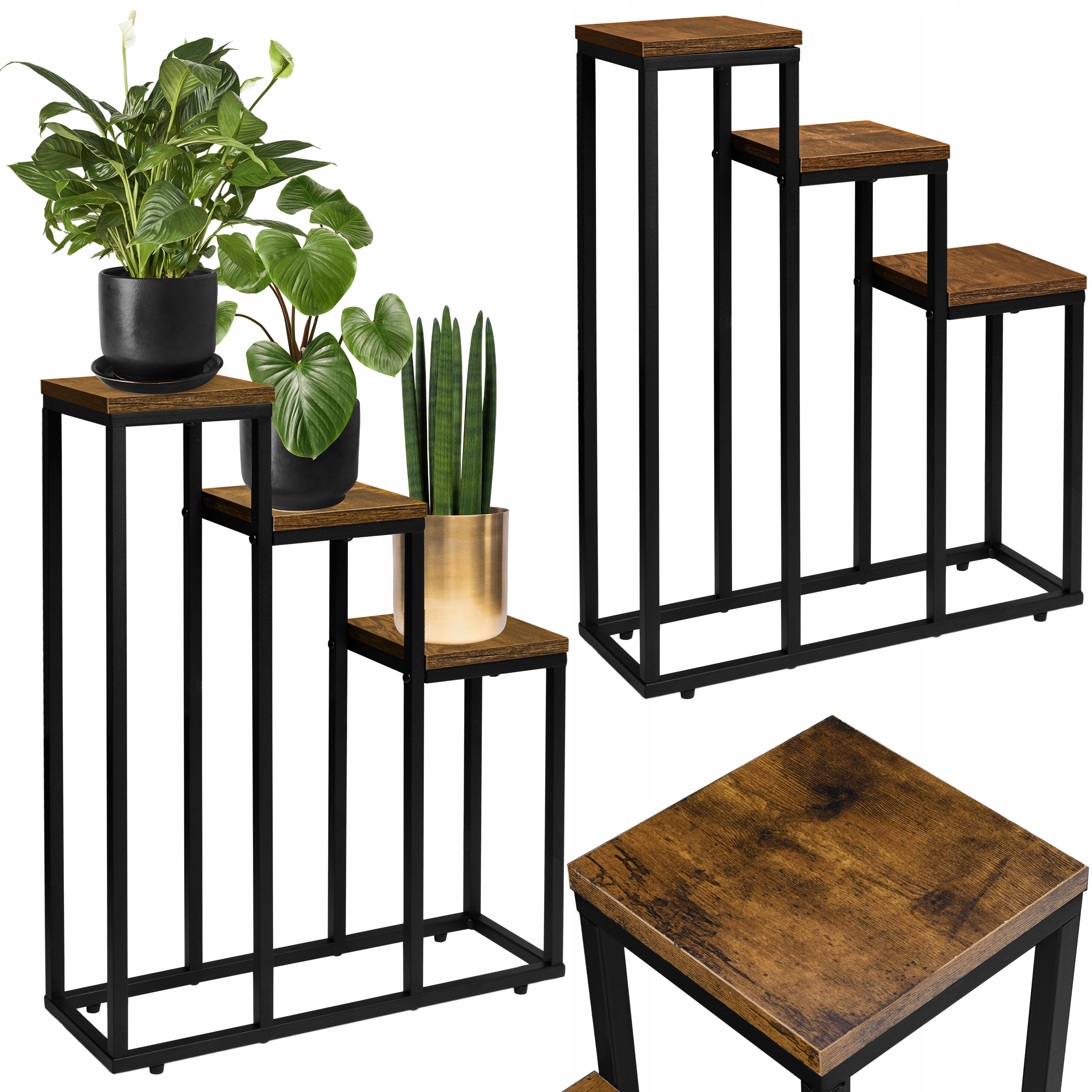 Stojanový Květináč Loft Loren Rustic Černý Zestárlý Dub Kovový Stojan