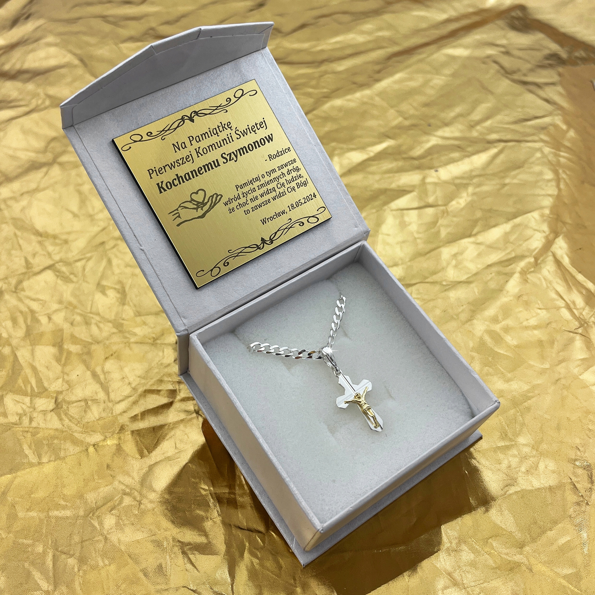 SREBRNY ŁAŃCUSZEK PANCERKA + KRZYŻYK Z JEZUSEM CHRYSTUSEM 925 + GRAWER 55CM Marka Golden Celebrity