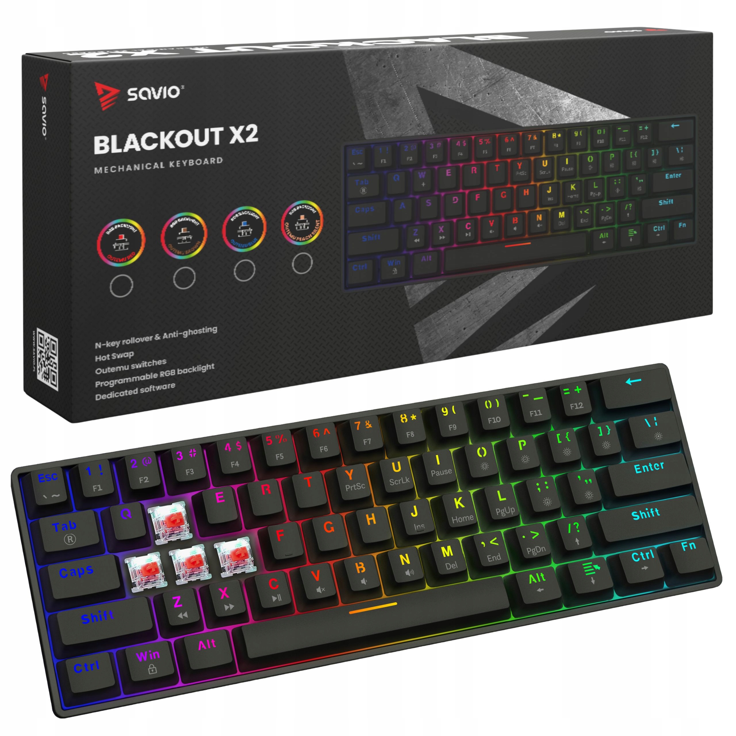 Mechanická klávesnice Usb 60% Savio Blackout X2 Outemu Red Hot Swap Rgb