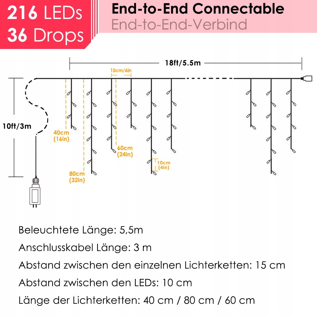 DIWUJI LAMPKI ZEWNĘTRZNE Z PILOTEM GRILANDA ŚWIETLNA OZDOBNA 216LED 55M — miniatura 4