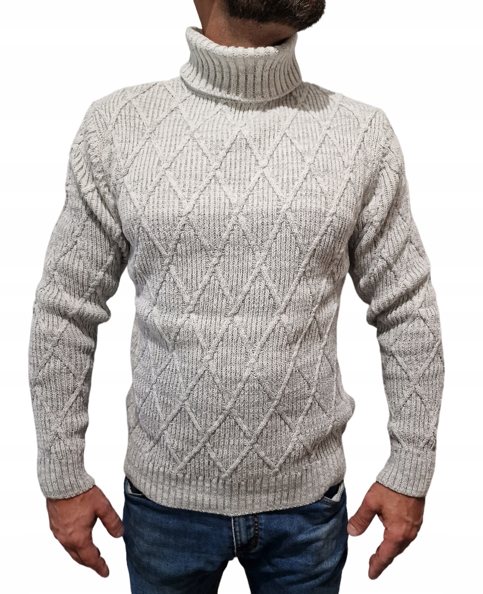 Tlustý Rolák Teplý Pánský Svetr Ombre Romby Melírovaný Šedý XXL