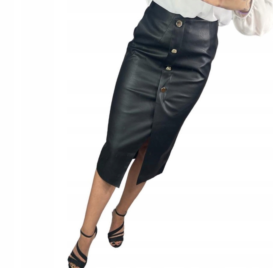 D455 SPÓDNICA z EKOSKÓRA Z ROZCIĘCIE I GUZIKAMI r. 46 Marka Genesy