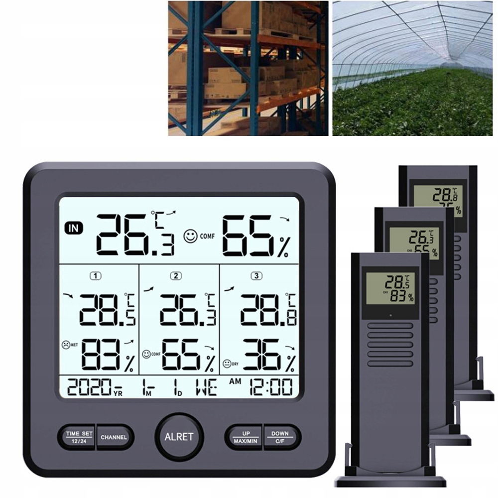 Bezdrátová LCD Meteorologická Stanice Vlhkoměr se 3 Senzory, černá