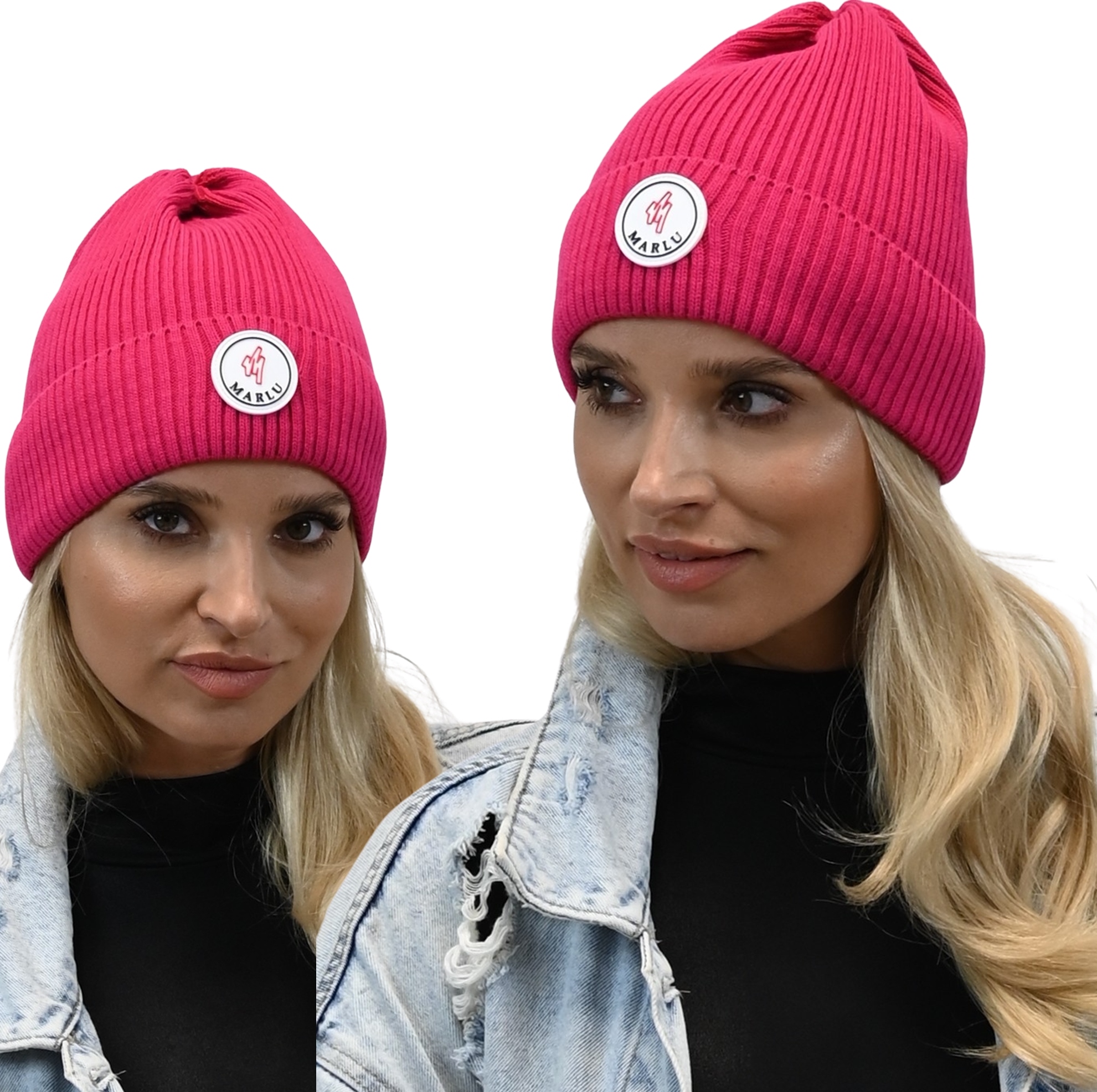 

Modna Czapka Beanie z Logo Wywijana Amarant n1