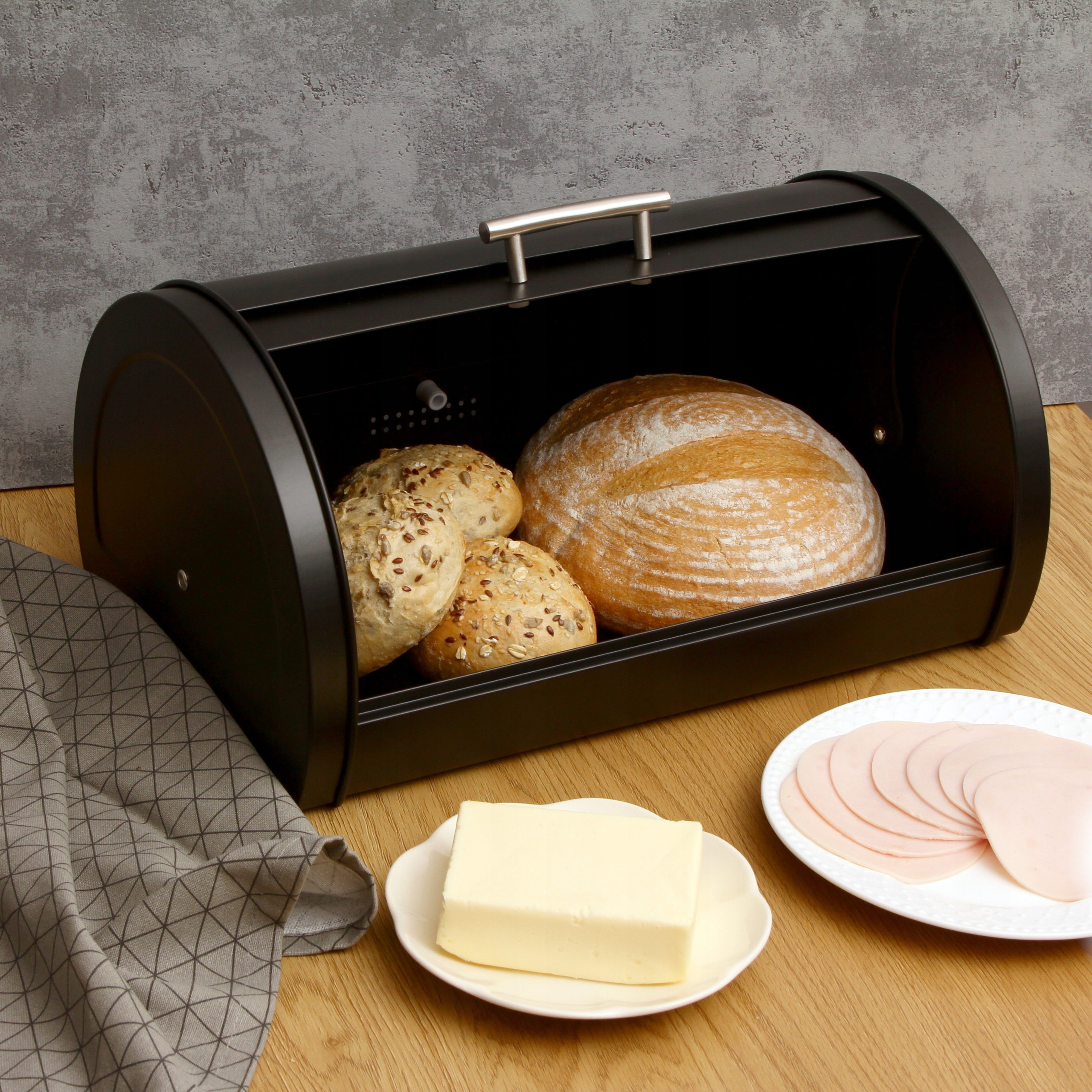 Zestaw Chlebak STALOWY Duży CZARNY + 3 Pojemniki Kawa Herbata Cukier CH47 Marka Brunbeste