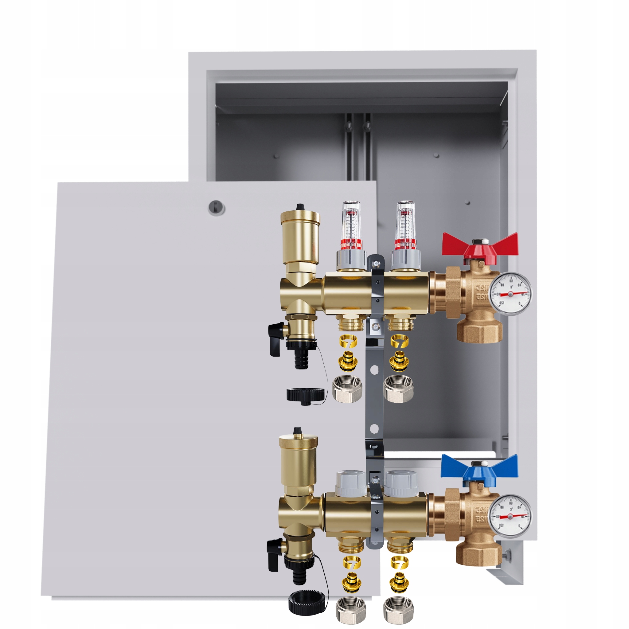 Rozdělovač podlahy 2 okruhy kulové ventily teploměry krabička Pex