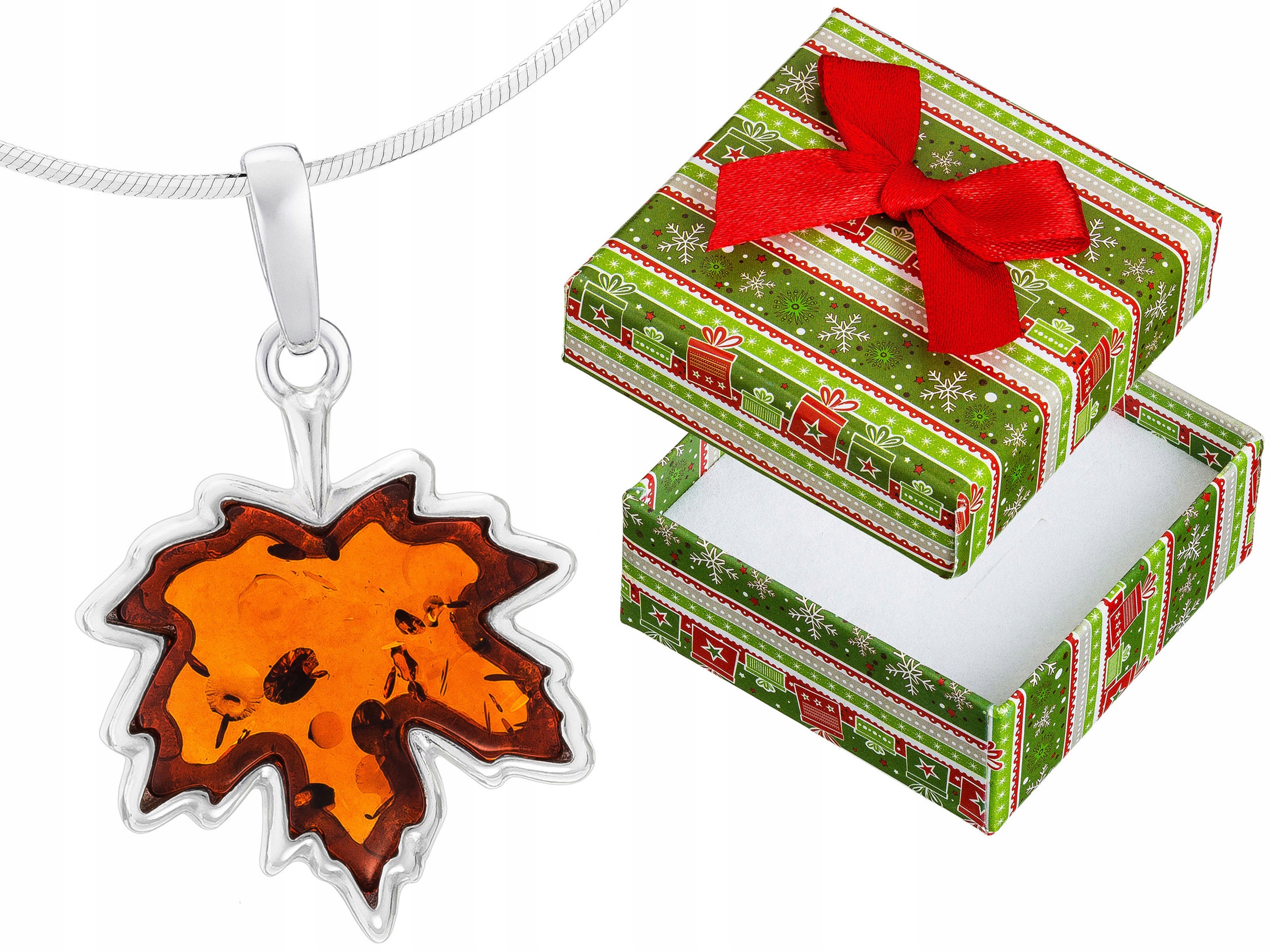 Dlouhý stříbrný dámský náhrdelník Javorový List s jantarem a lístkem Stříbro 90 cm