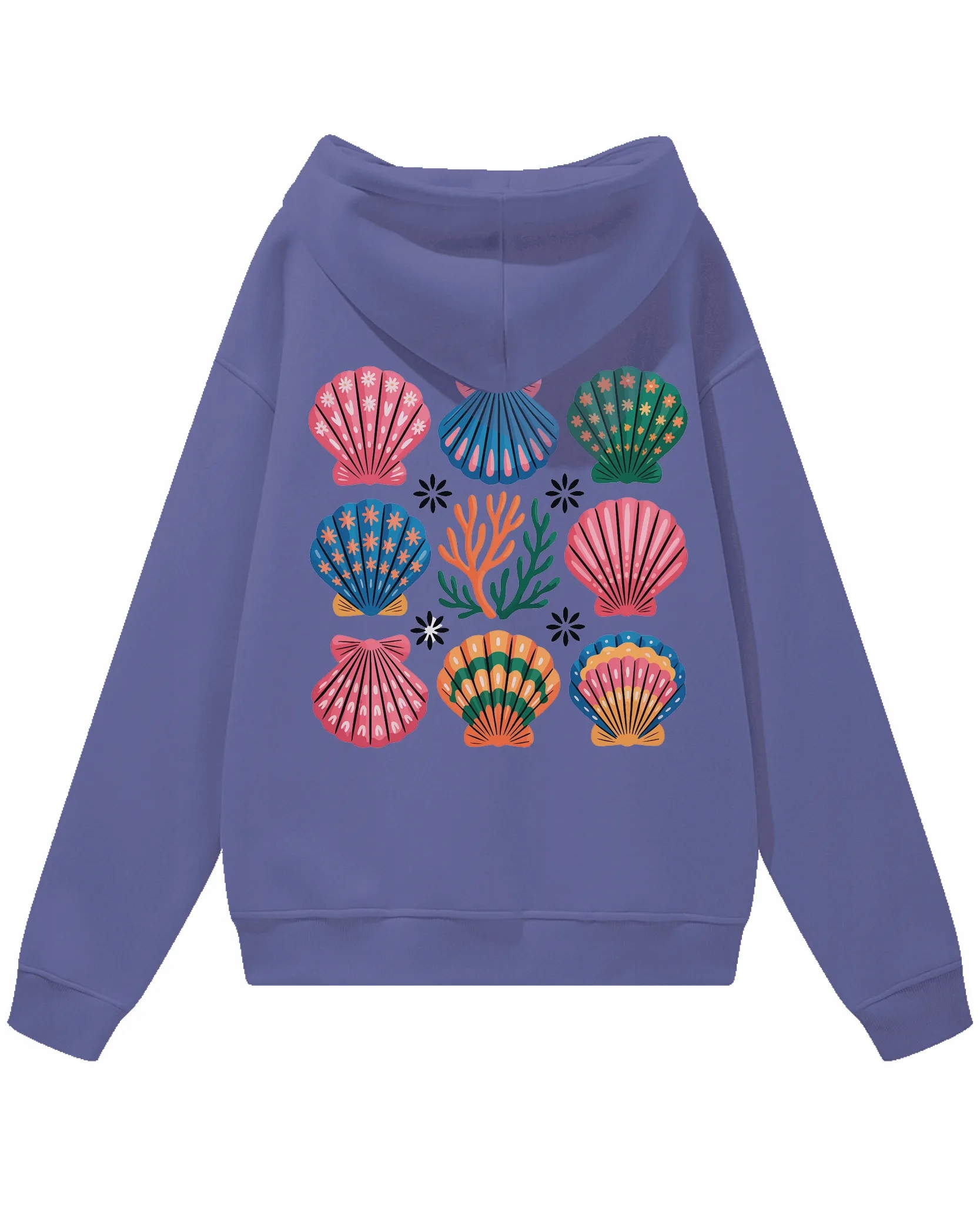s kapucí Oversize mikina v námořnickém stylu s mušlemi, plážová fialová, velikost S