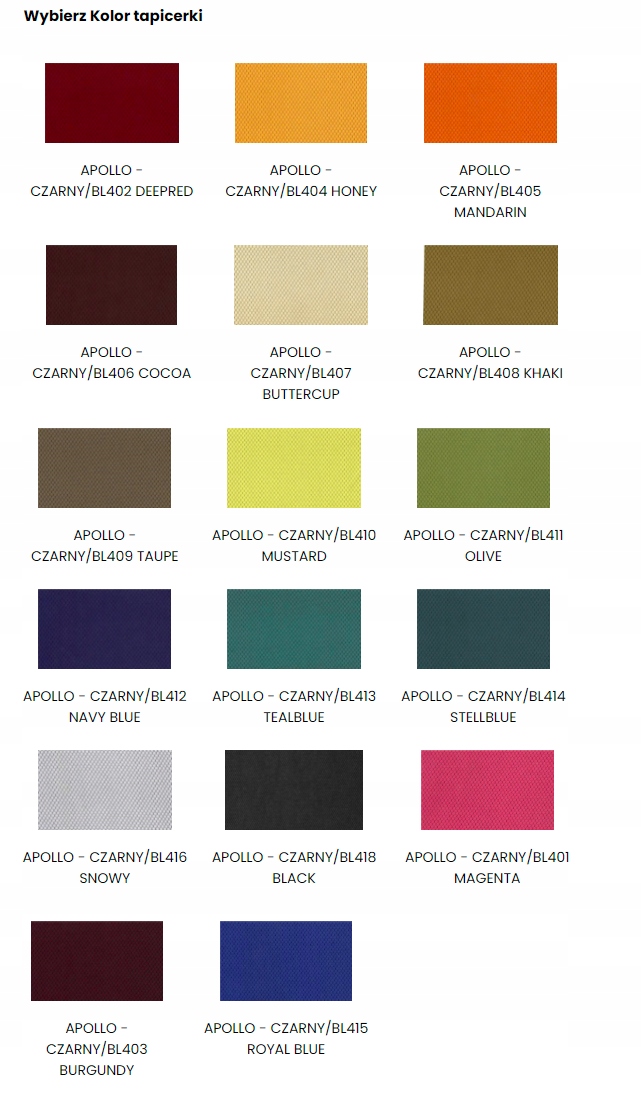 Kolor tapicerki dla fotela Apollo