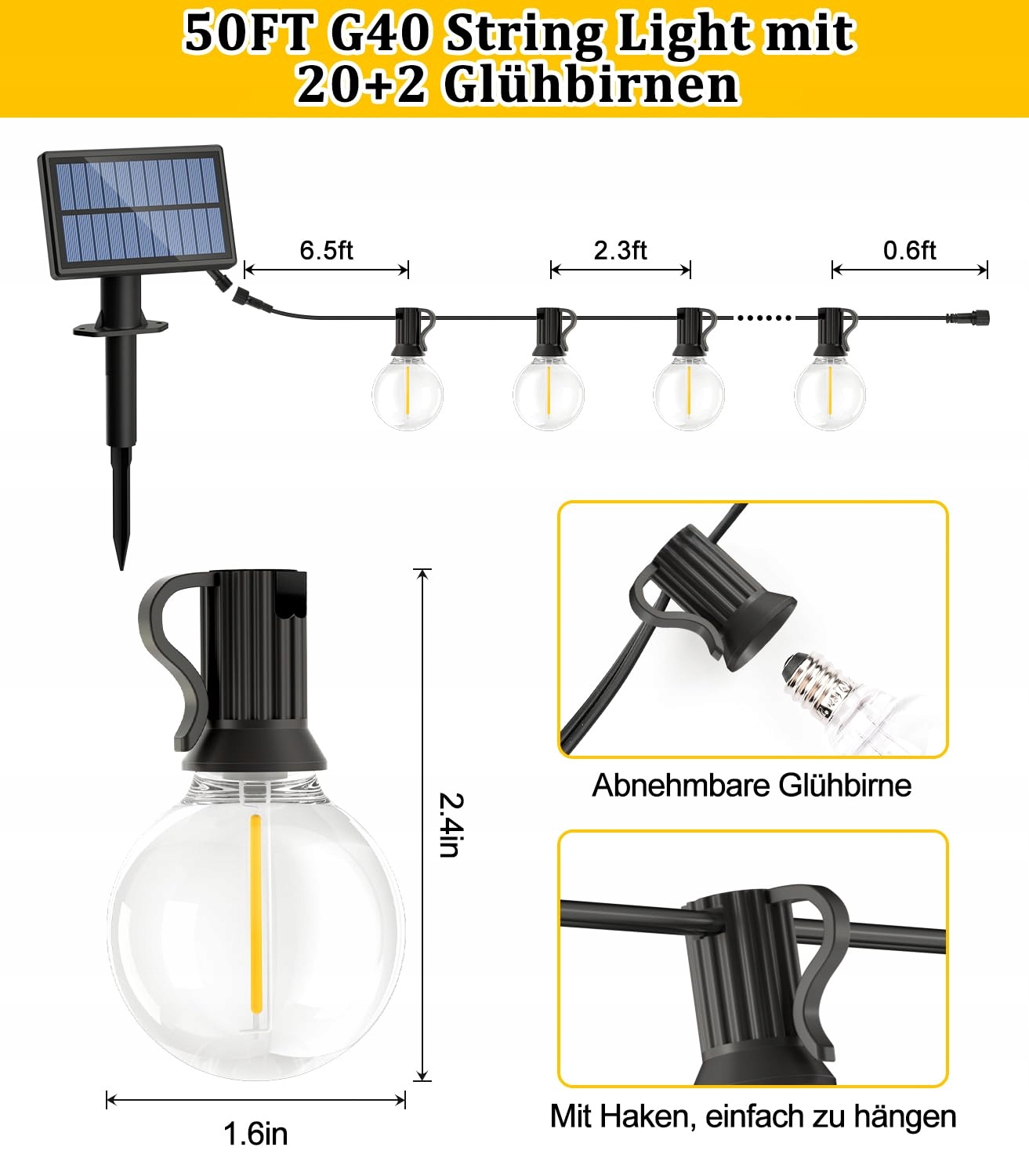 SOLAR LAMPKI LED ZEWNĘTRZNE 15M 50FT G40 WODOODPORNE NA BALKON I TARAS — miniatura 4