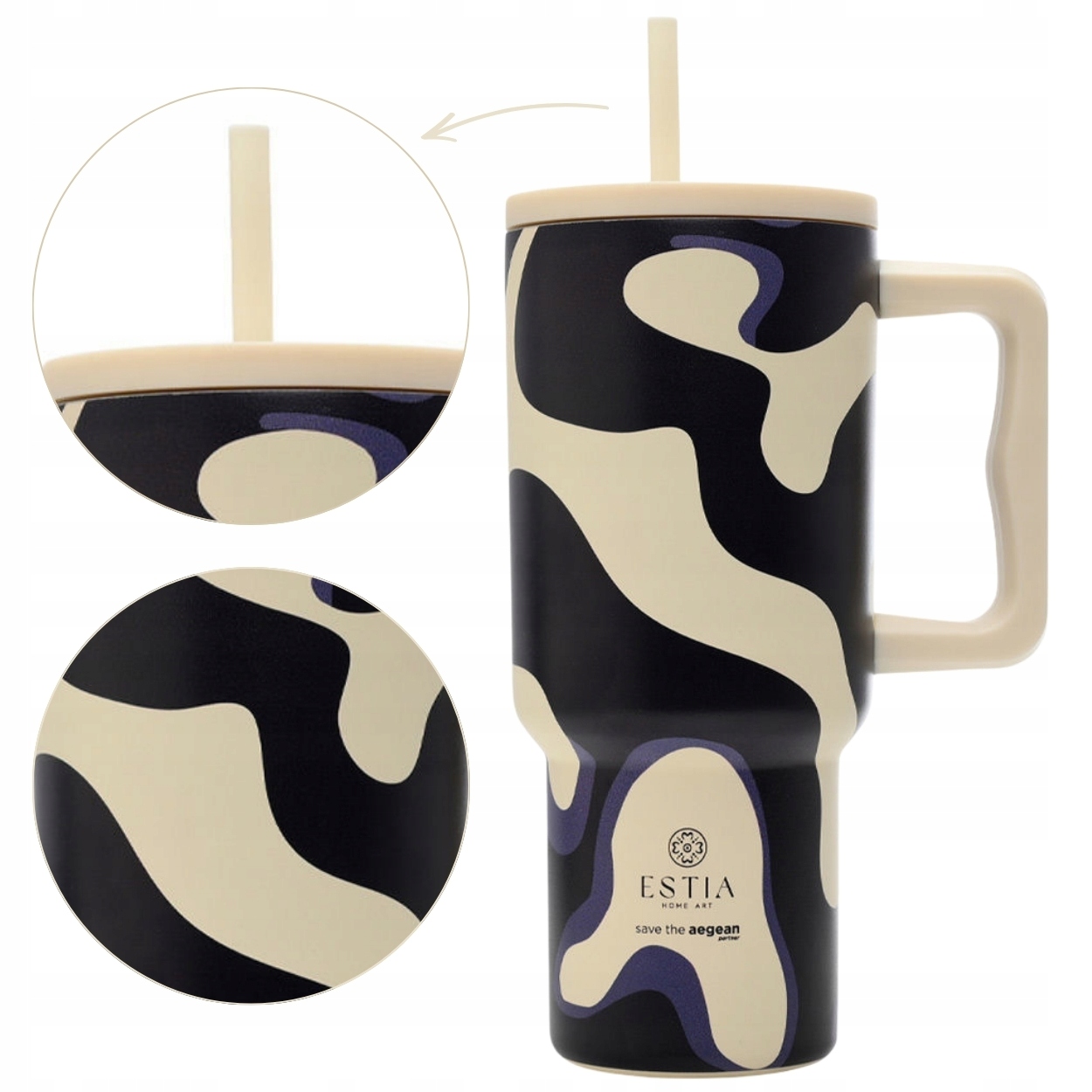 Velký Termohrnek S Brčkem 900 ML na kávu krémový, černý, s rukojetí