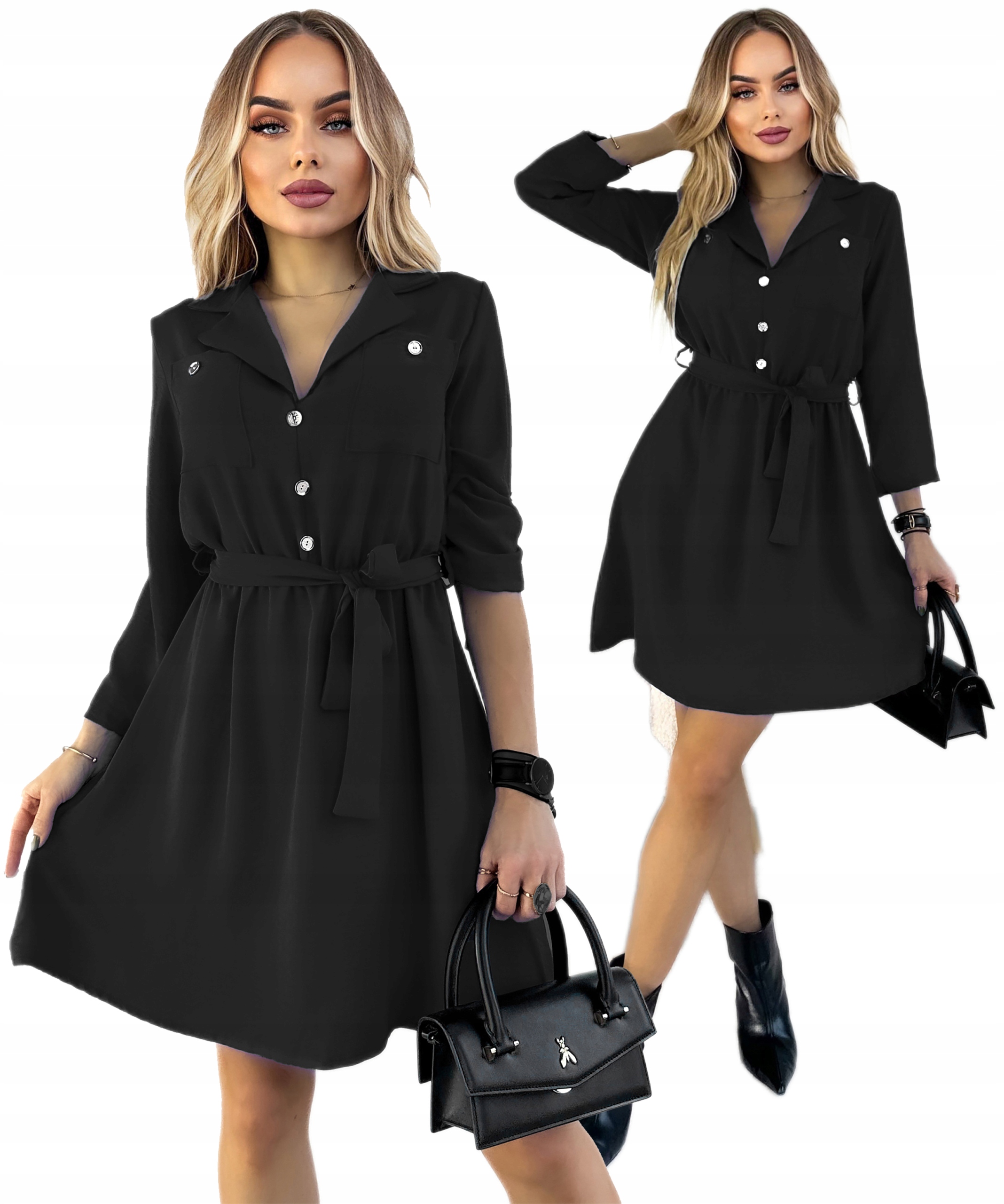 Czarna klasyczna Sukienka Damska Szmizjerka pasek guziki 44 Merida