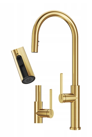 Kuchynská Batéria Brushed Gold Prati S Výsuvným Výtokom, Vysoký Zlatý Kohútik