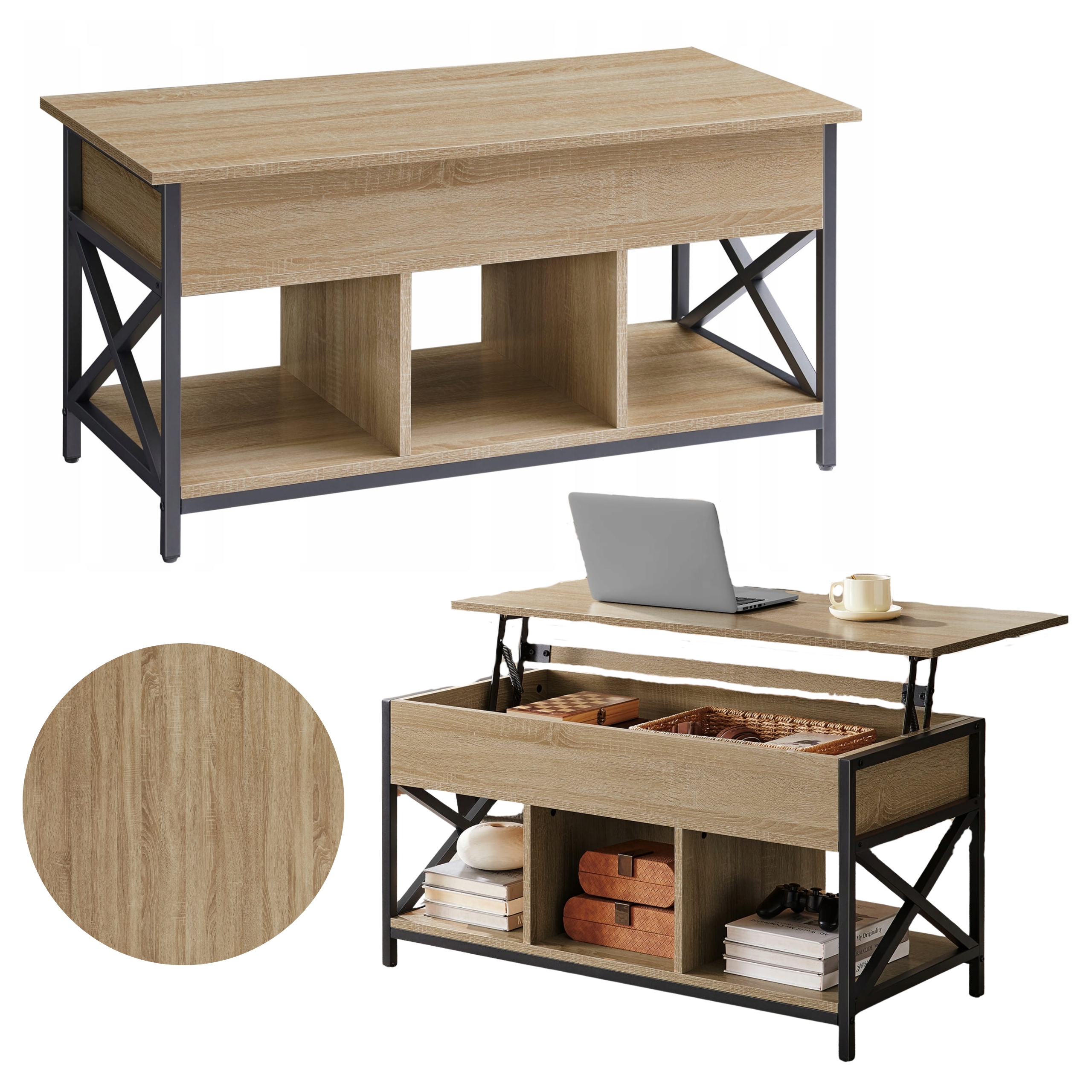 Konferenčný Stolík s vyvýšenou doskou, lavica 100x50x62 cm do obývačky dub sonoma