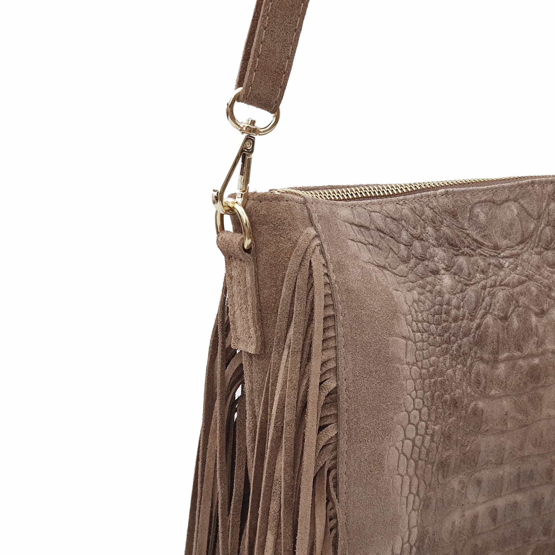 VERA PELLE torebka zamszowa listonoszka boho z frędzlami i paskiem BEŻOWA Płeć kobieta