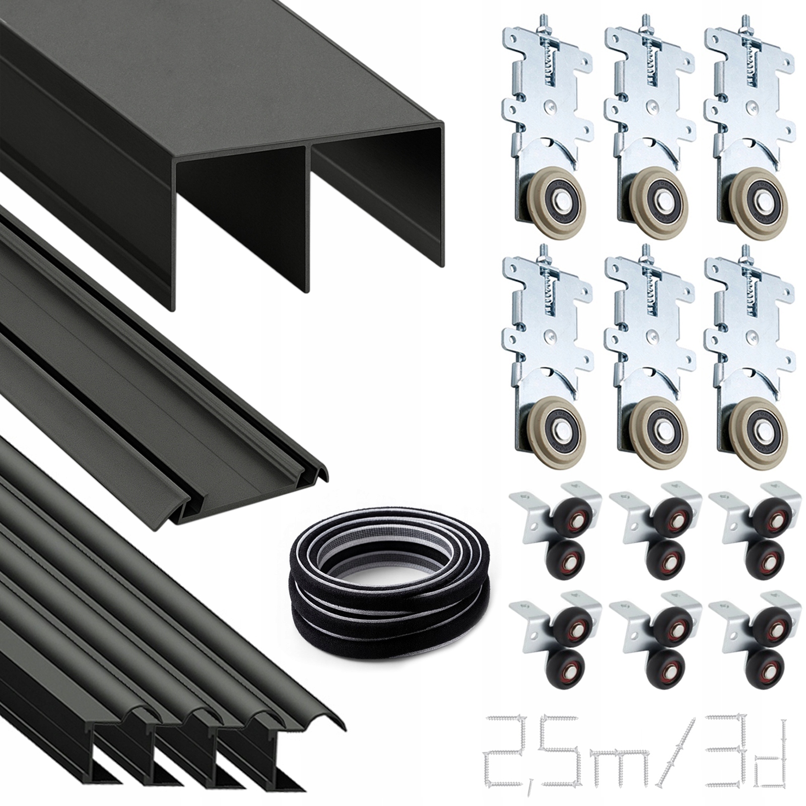 Drzwi przesuwne zestaw okuć Czarny 2,5m/3 drzwi do szafy system Klasa