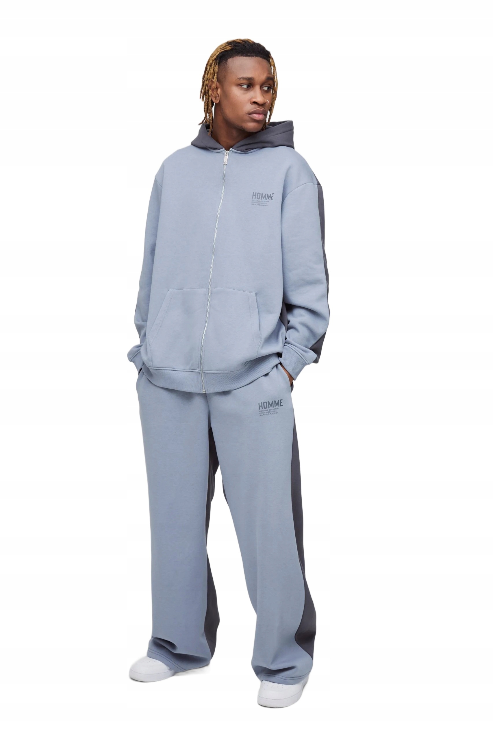 Boohooman Teplákovka Pánský Komplet S Kapucí A Potiskem Modrá Šedá S Z3A