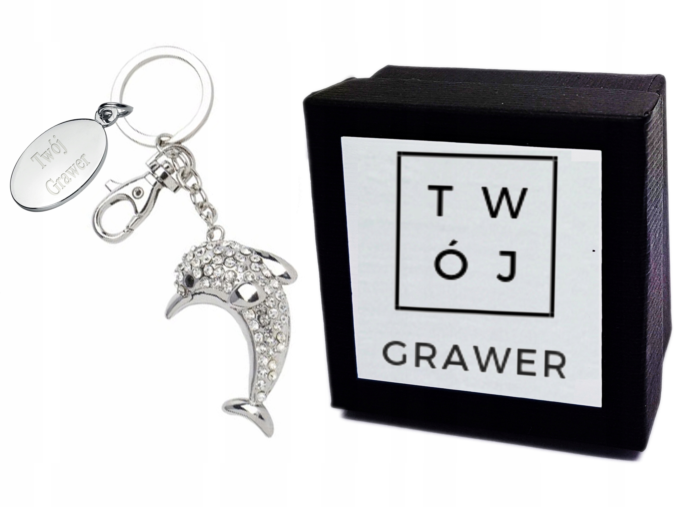 Brelok Metalowy Delfin do Kluczy Grawer + ETUI
