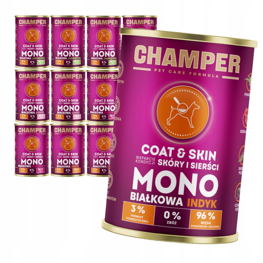 Champer Coat &amp; Skin 12x400g Monoproteinové Vlhké Krmivo pro psy Mix Chutí