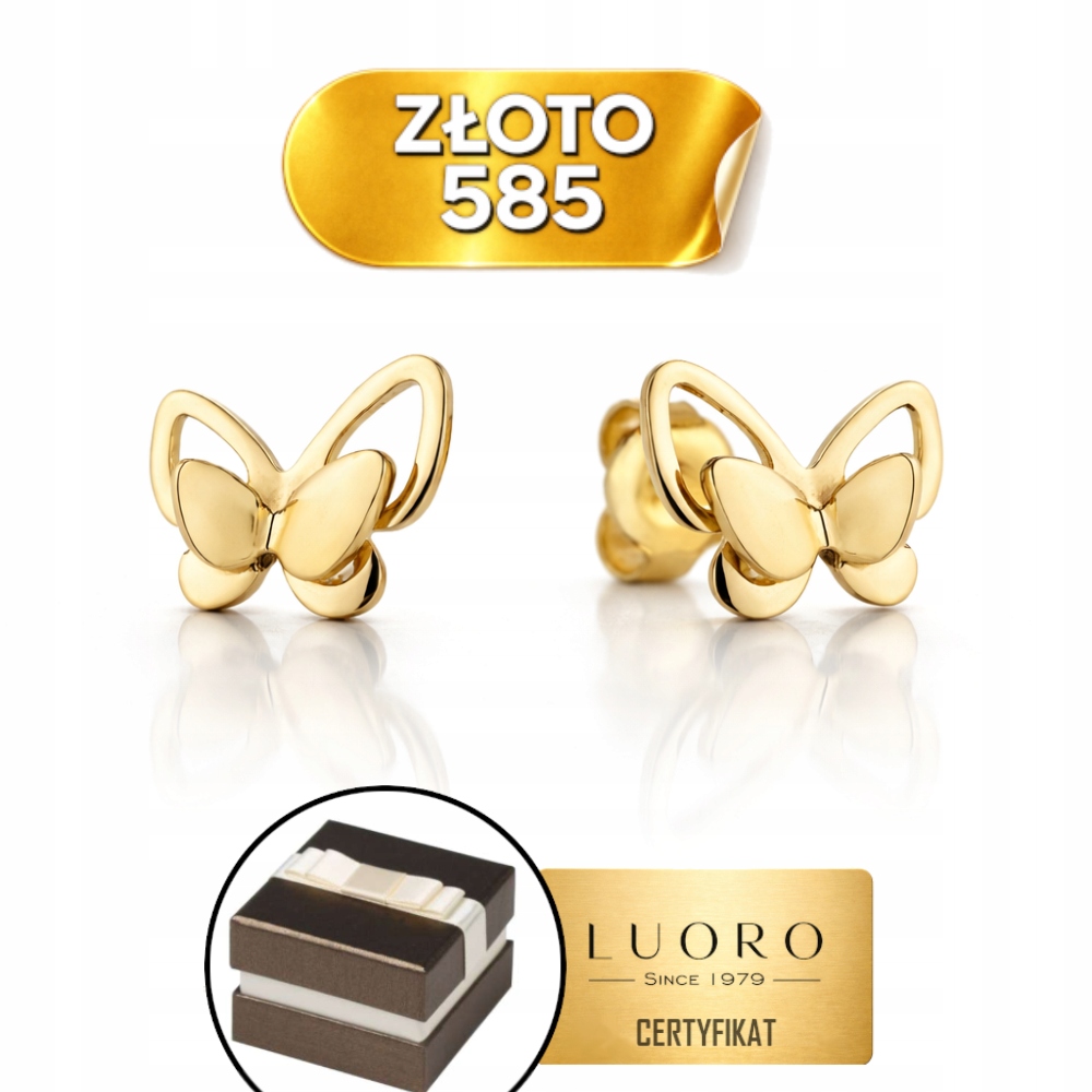 Náušnice Zlaté 585 14K Motýlek 9X7 MM Tyčinka Elegantní Dárek