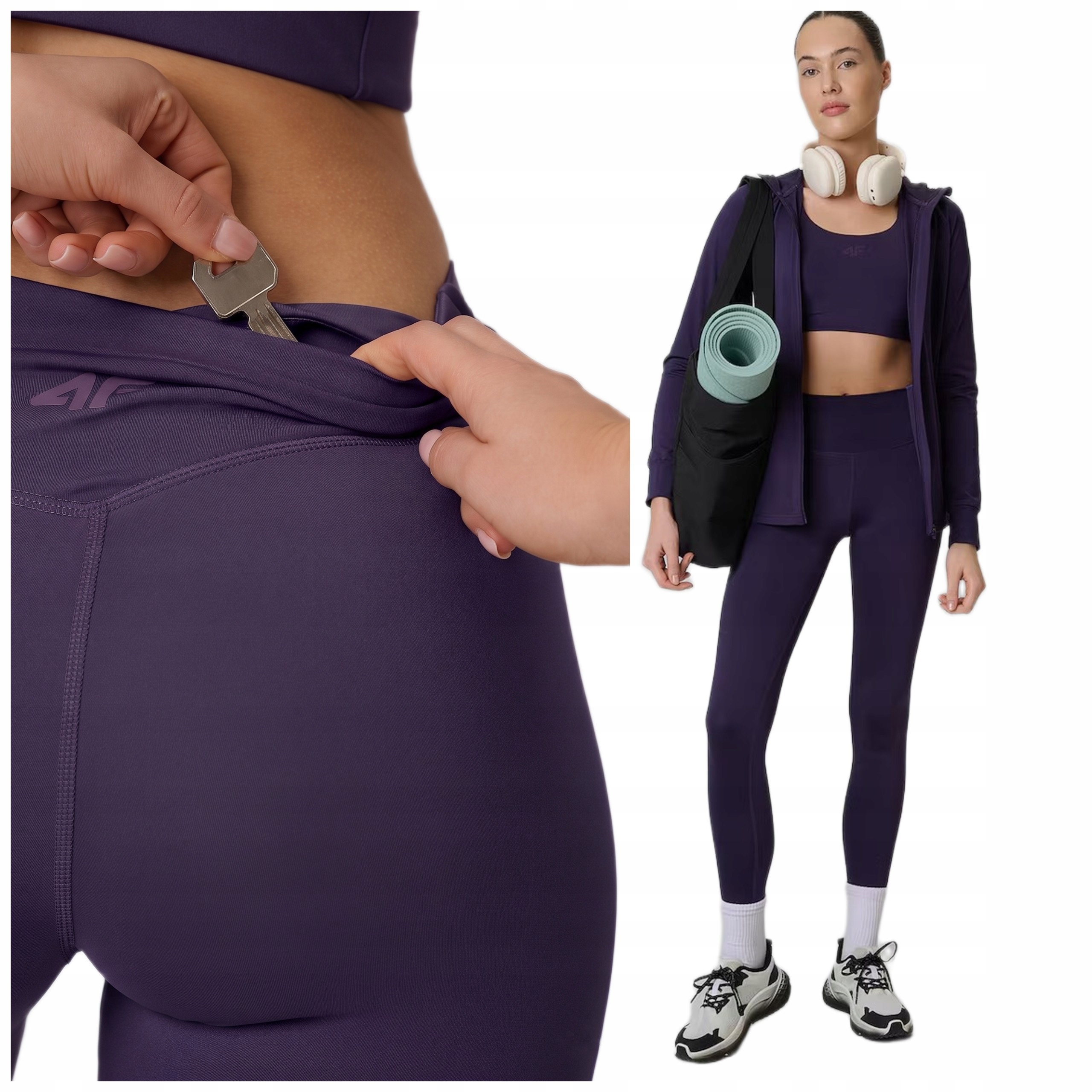 Legginsy fitness damskie z wysokim stanem kieszeń elastyczne S