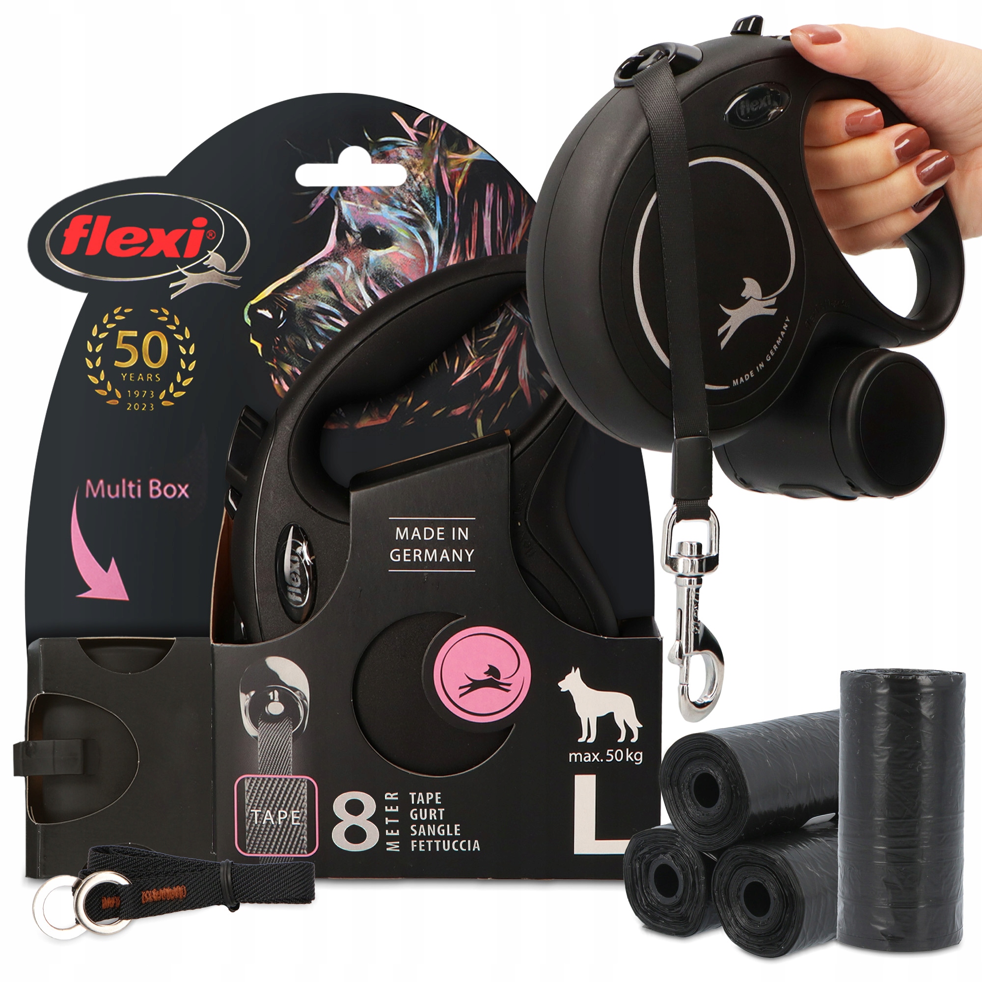Smycz Automatyczna Psa 50kg Taśma 8m Pojemnik Etui Multi Box Woreczki x8 3O