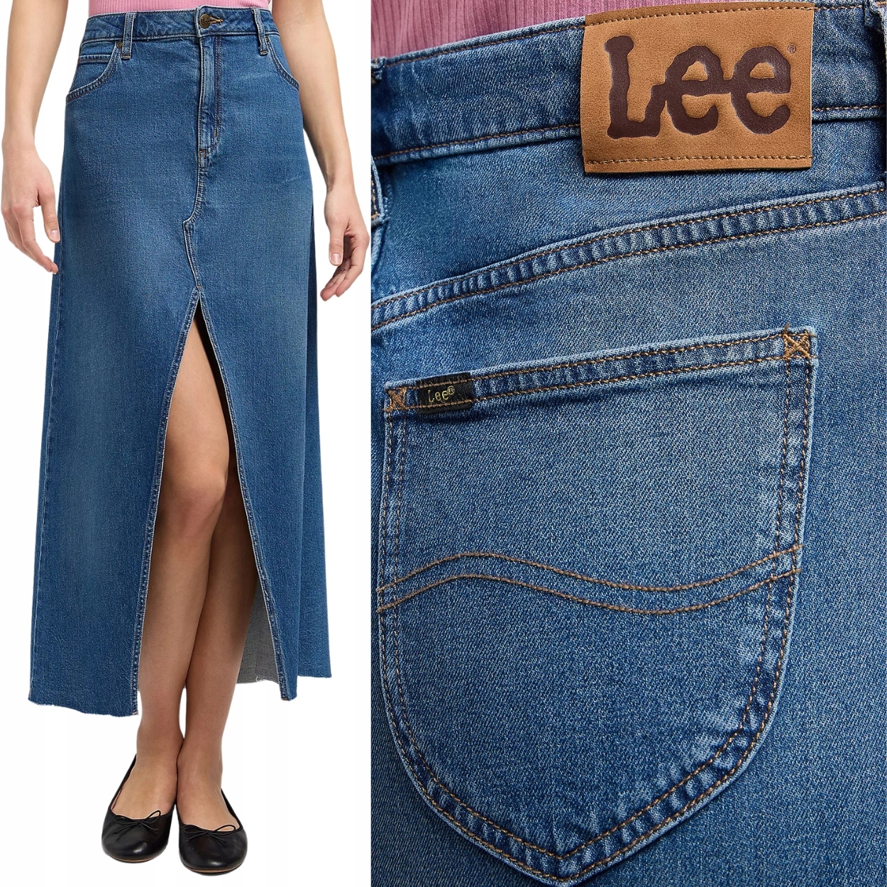 Lee Maxi Skirt Waterfall dlouhá džínová sukně s rozparkem vpředu W31