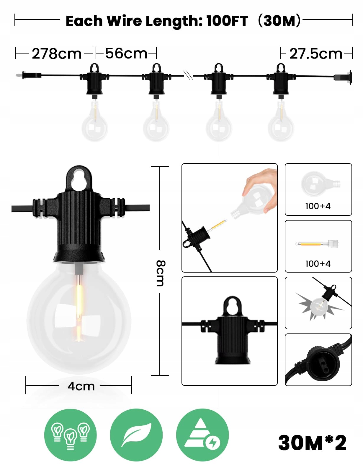 ZOTOYI Lampki Zewnętrzne Girlanda LED 60M Wodoodporna Do Ogrodu i Tarasu — miniatura 9