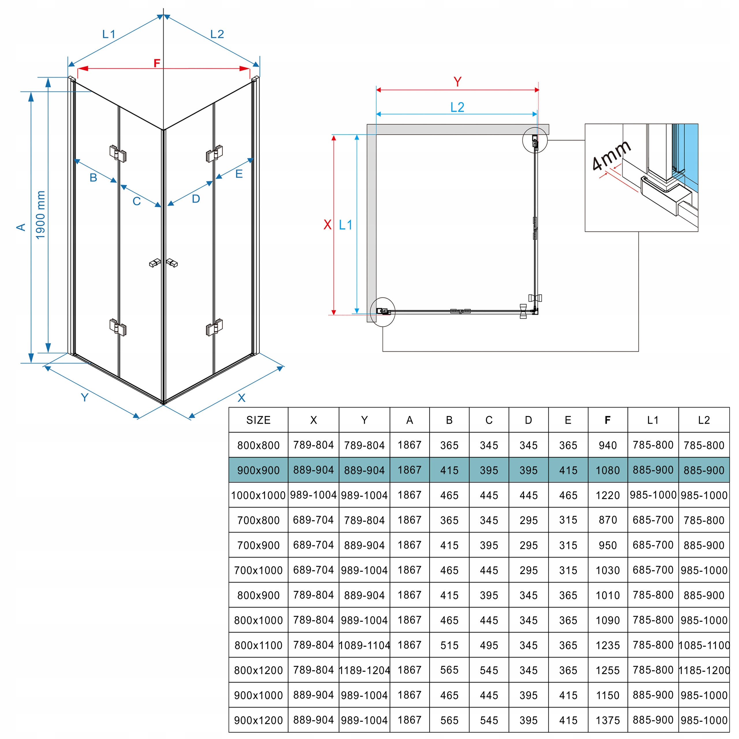 KABINA PRYSZNICOWA 90x90 SKŁADANA CZARNA DRZWI SZYBA ŚCIANKA SZKŁO 6MM ESG Głębokość 90 cm