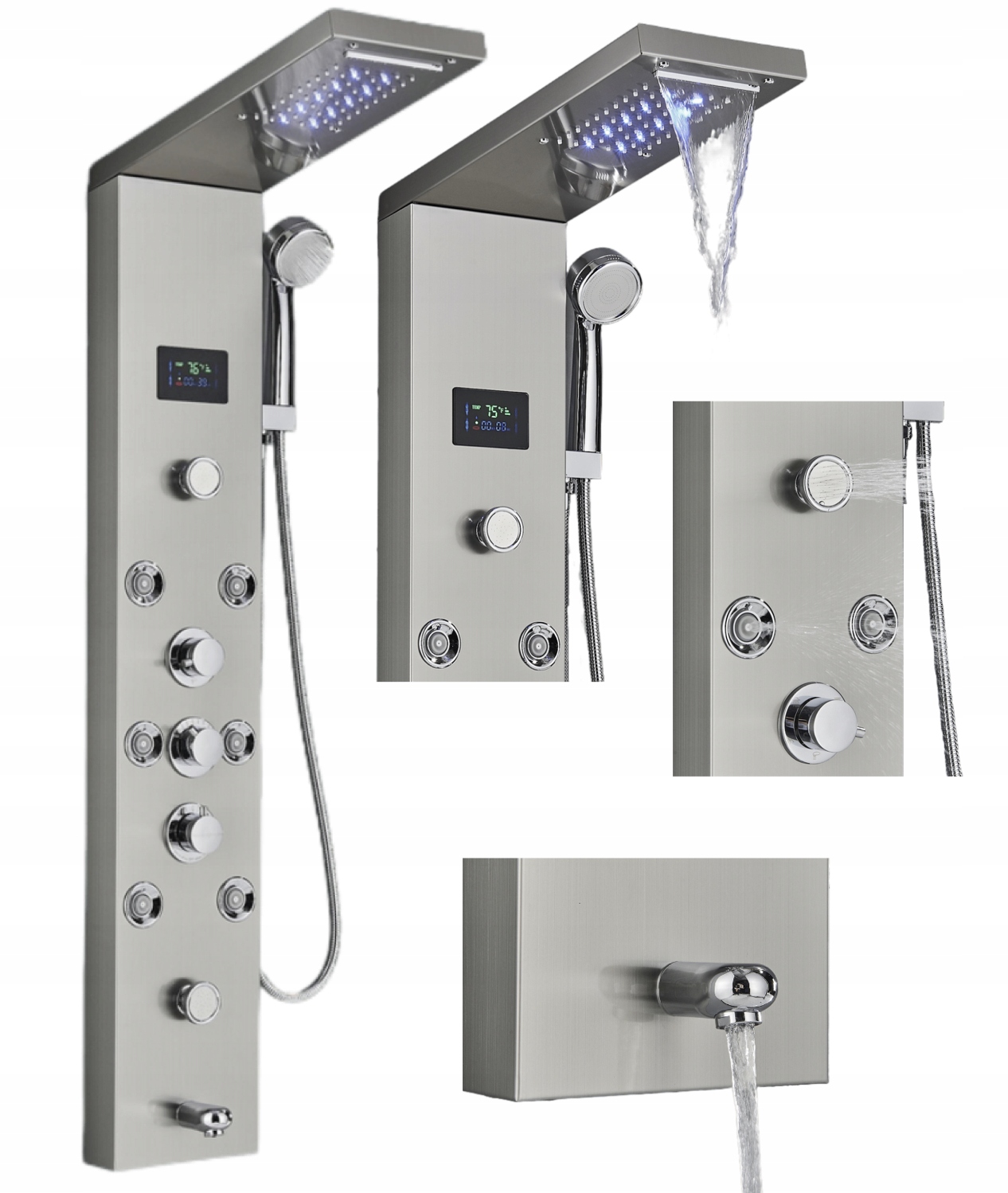 Led sprchový panel, vodopád, hydromasáž, strieborný displej