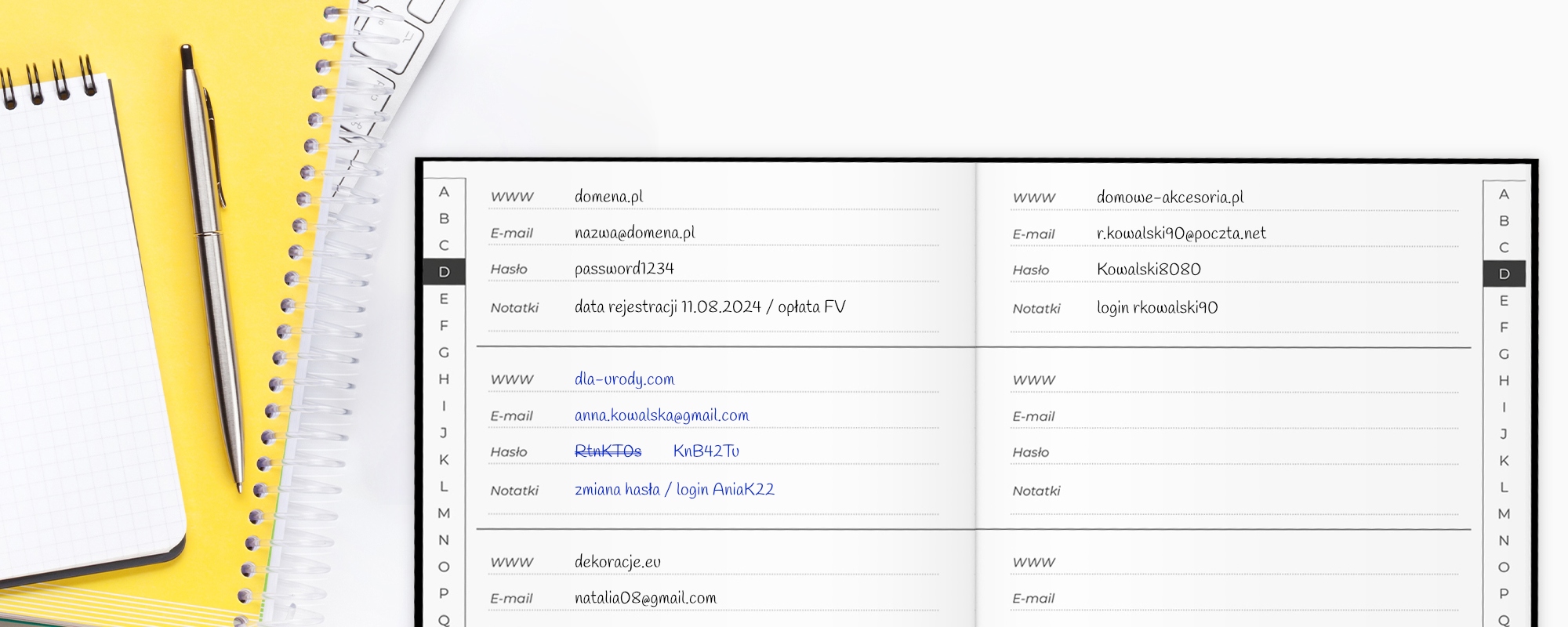 NOTES ORGAZNIER NA HASŁA INTERNETOWE NOTATNIK ZESZYT DOSTĘPY HASŁO PASSWORD Rozmiar A5