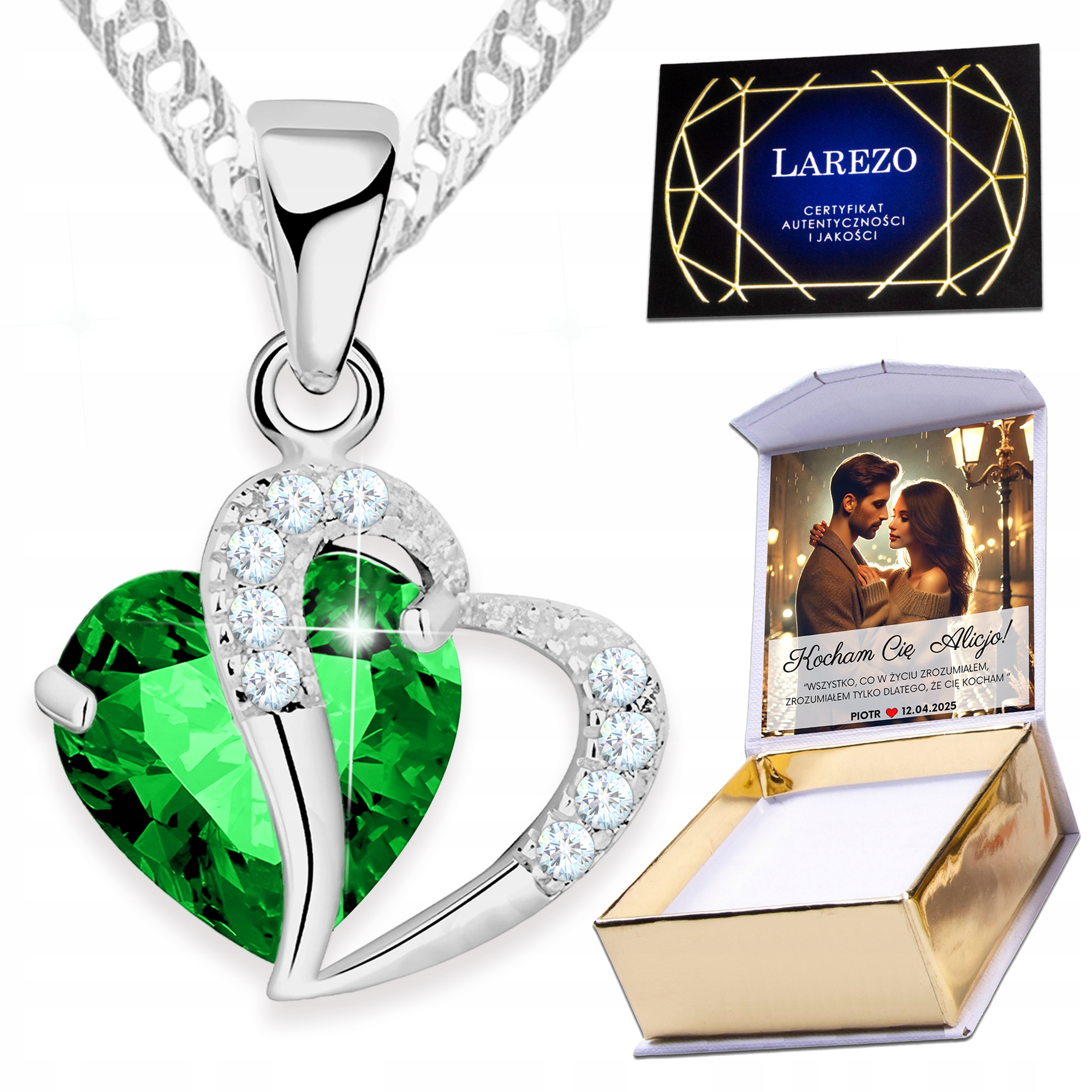 Stříbrný náhrdelník 925 Zelené Křišťálové Dvojité Srdce Křišťály Potisk