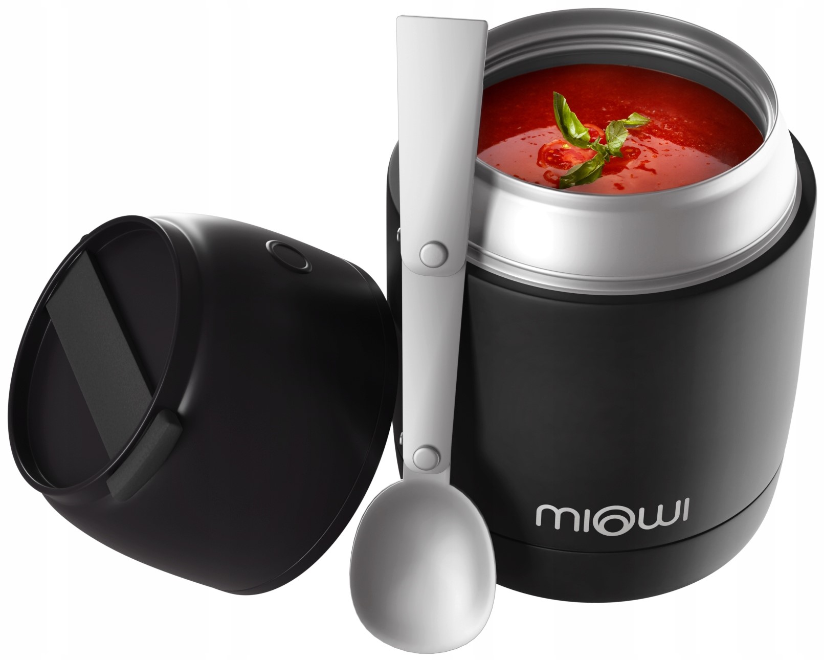 Obedová termoska na polievku potraviny Oceľová Miowi 450 ml Lyžica čierna