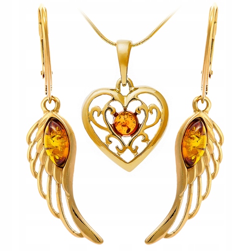 Zlatý Komplet srdíčko z Jantaru ze Stříbra řetízek Na Velikonoce