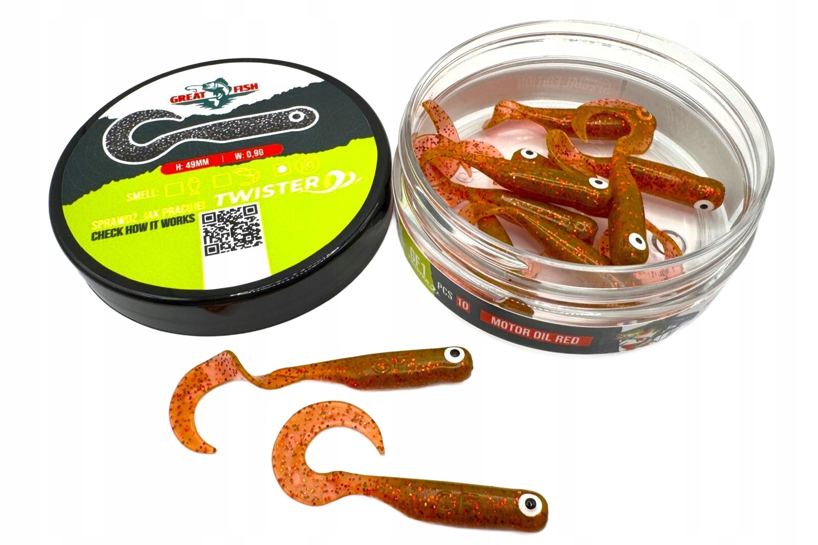 Great Fish GF1 Twister 49MM 10 Szt Motor Oil Red Shrimp Scent Zapach Krewet