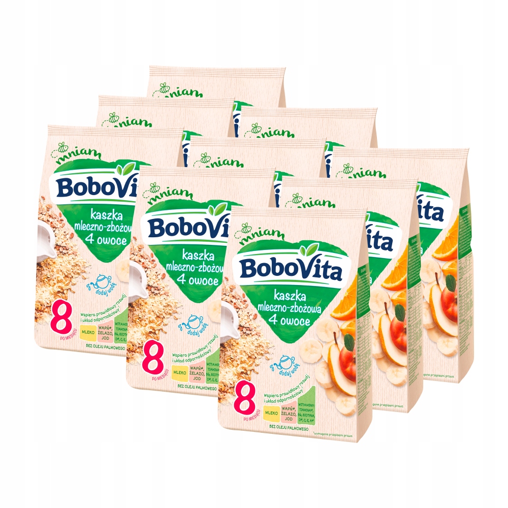 BoboVita Kaszka mleczno-zbożowa 4 owoce po 8 miesiącu Zestaw 9x230g