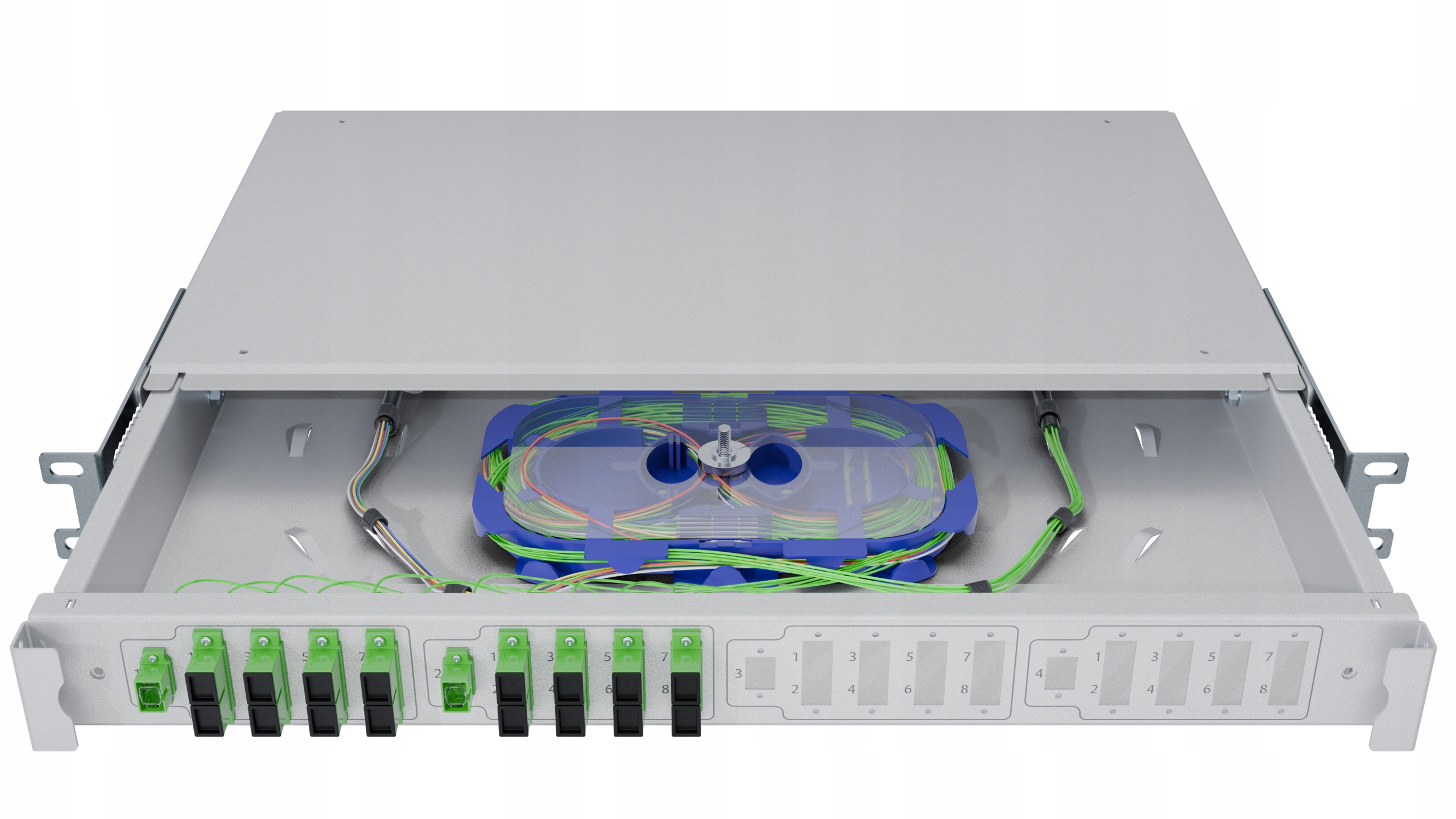 Optický přepínač Rack 19" 1U 4x1:8 Plc Sc/apc Skříň Šuplík